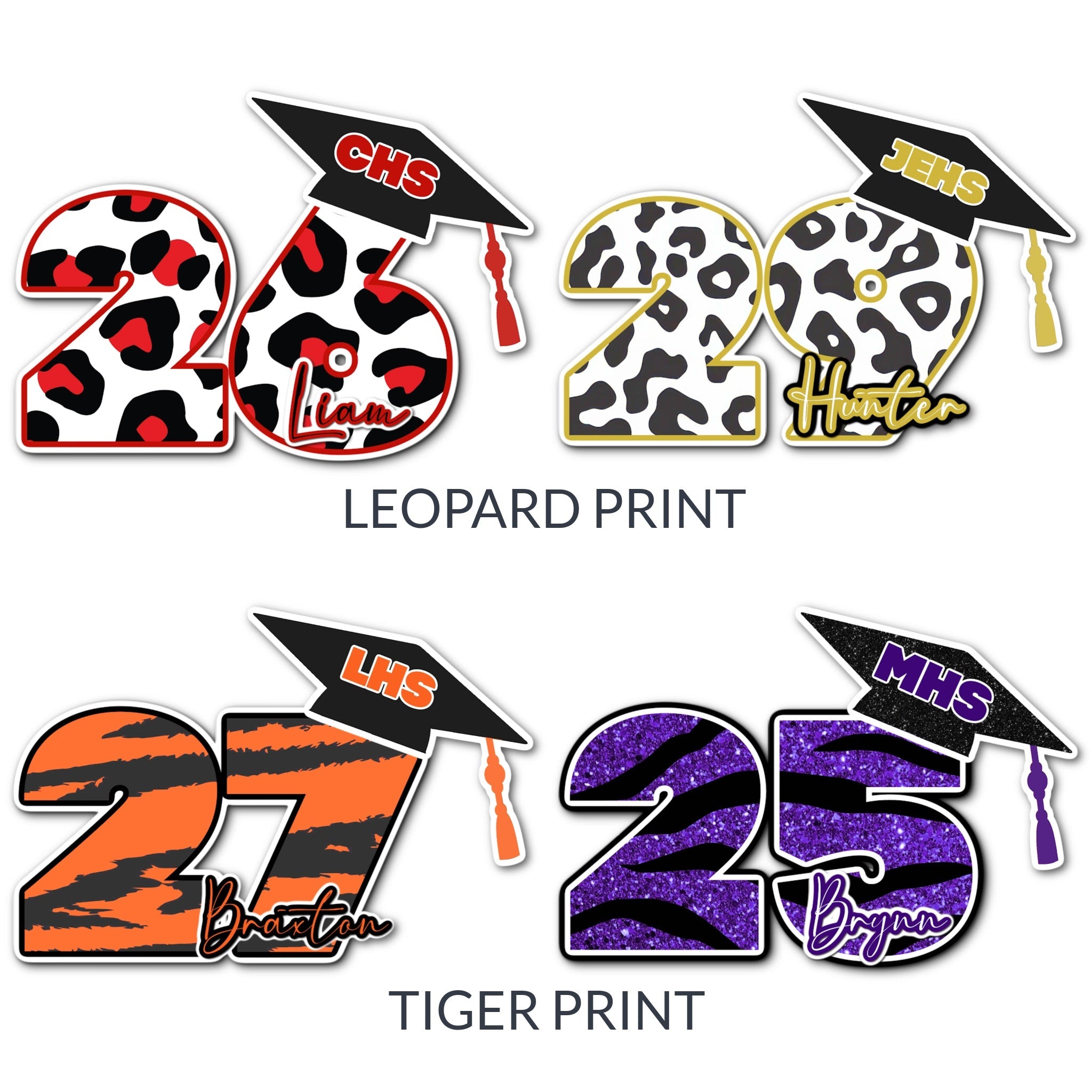 Custom Graduation Year with Grad Cap Locker Signs in School Colors and Mascot Animal Print
