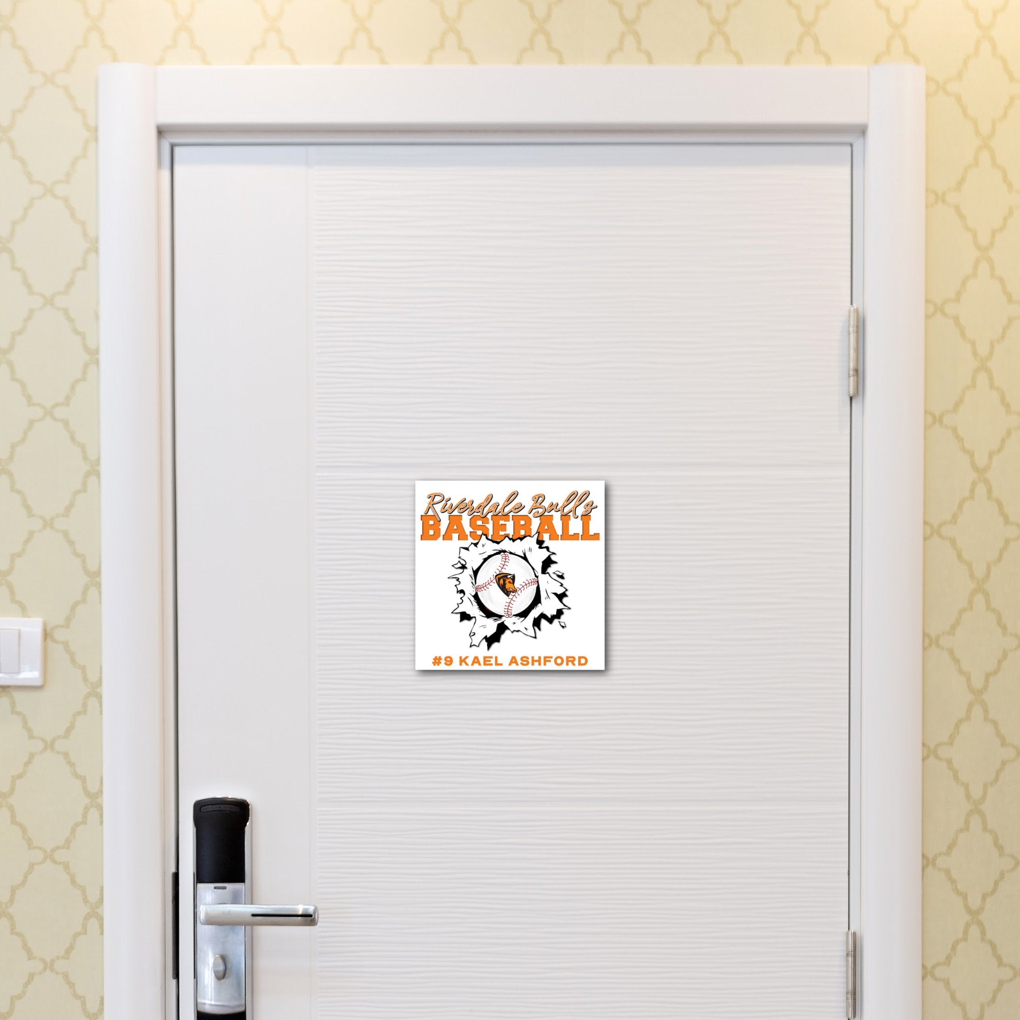 Custom Printable Baseball Player Hotel Door Decoration in Team Colors.