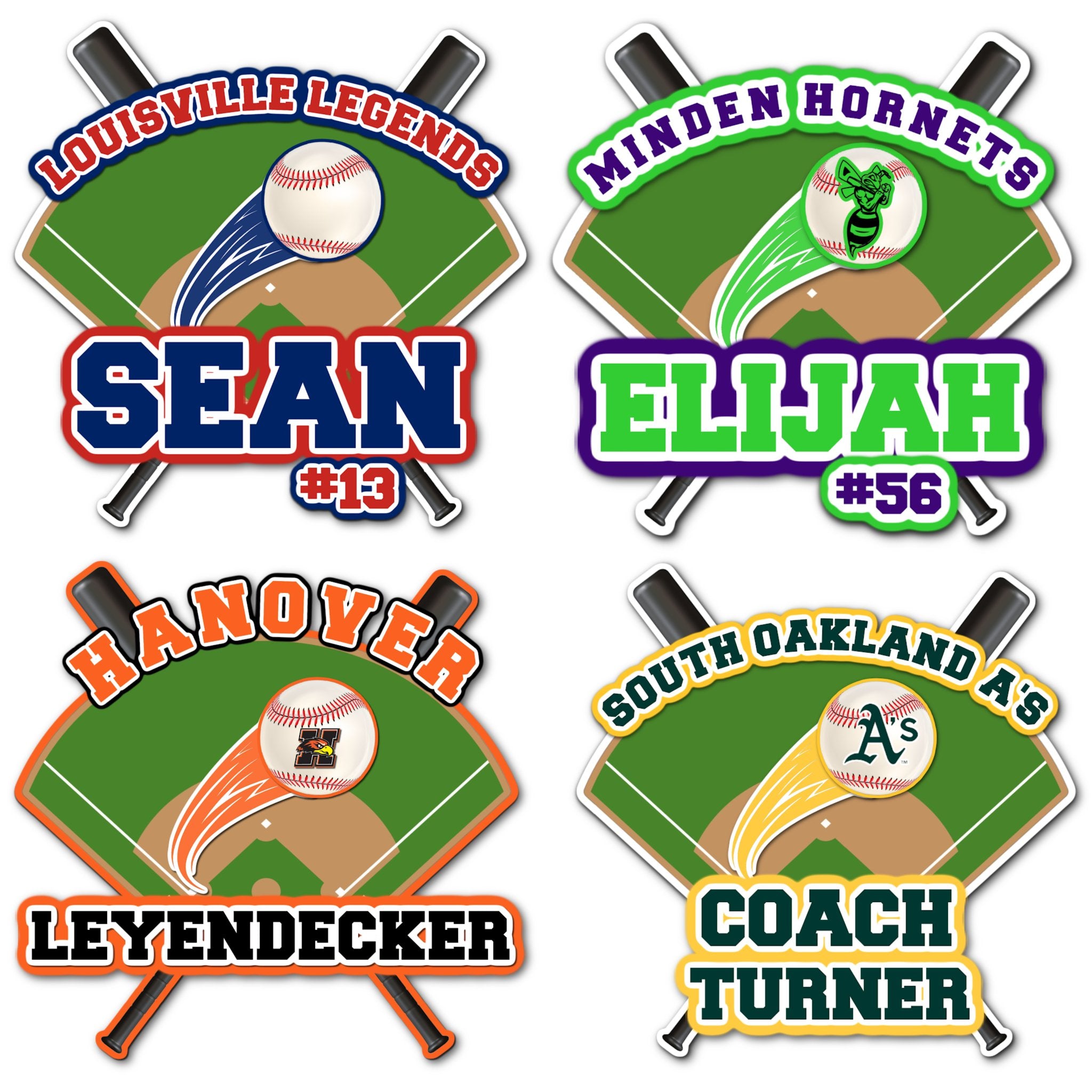 Examples of How to Customize Baseball Decoration with Team Name, Athlete Name, Team Colors, Year, Tournament, Mascot, and More.
