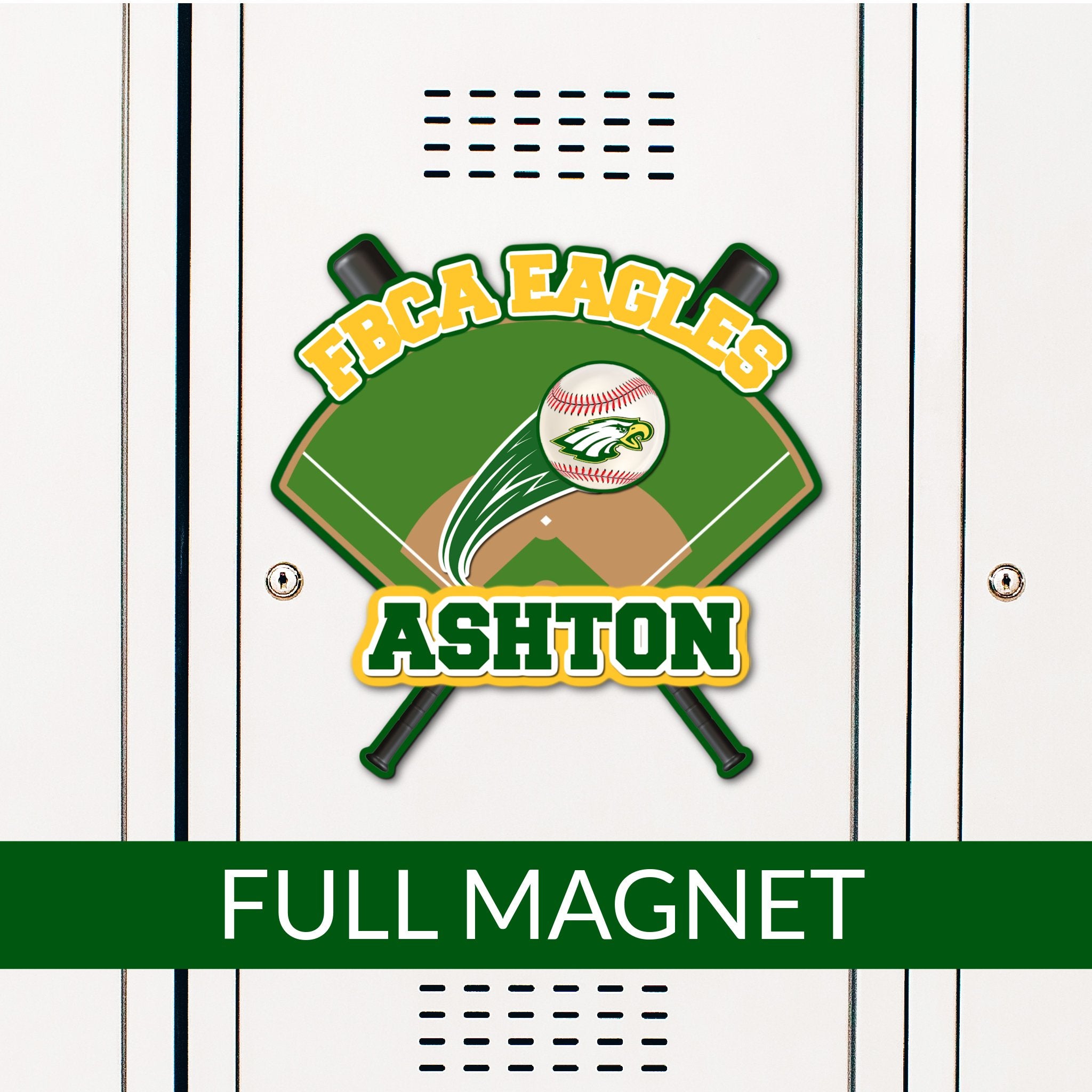 Custom Baseball Diamond with Bats Locker Decoration Magnet in Team or School Colors.