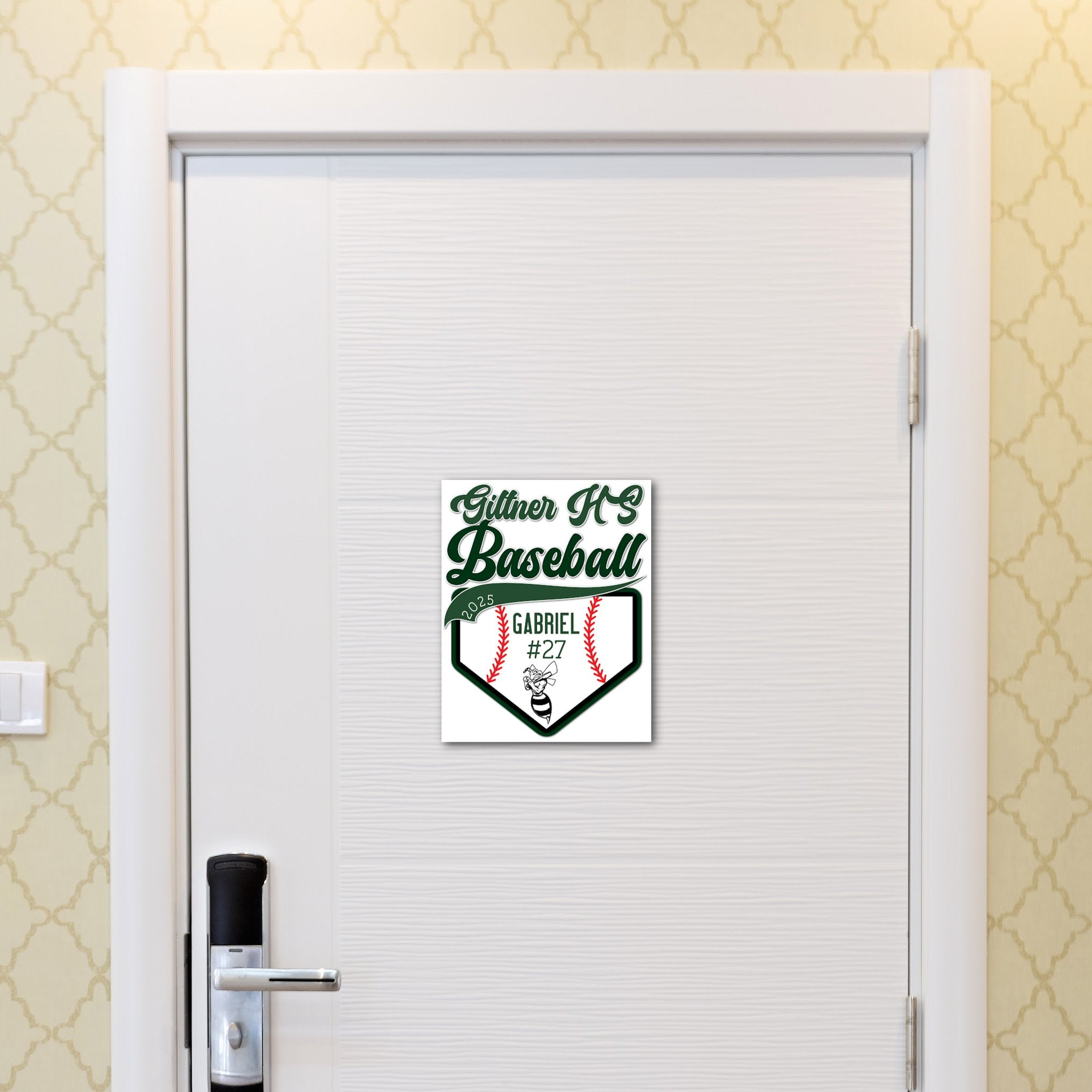 Custom Printable Baseball Player Hotel Door Decoration in Team Colors.