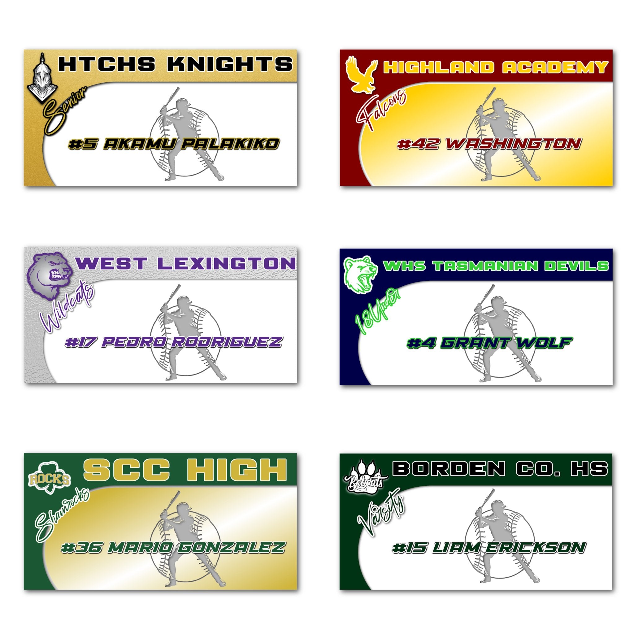 Examples of How to Customize Baseball Decoration with Team Name, Athlete Name, Team Colors, Year, Tournament, Mascot, and More.