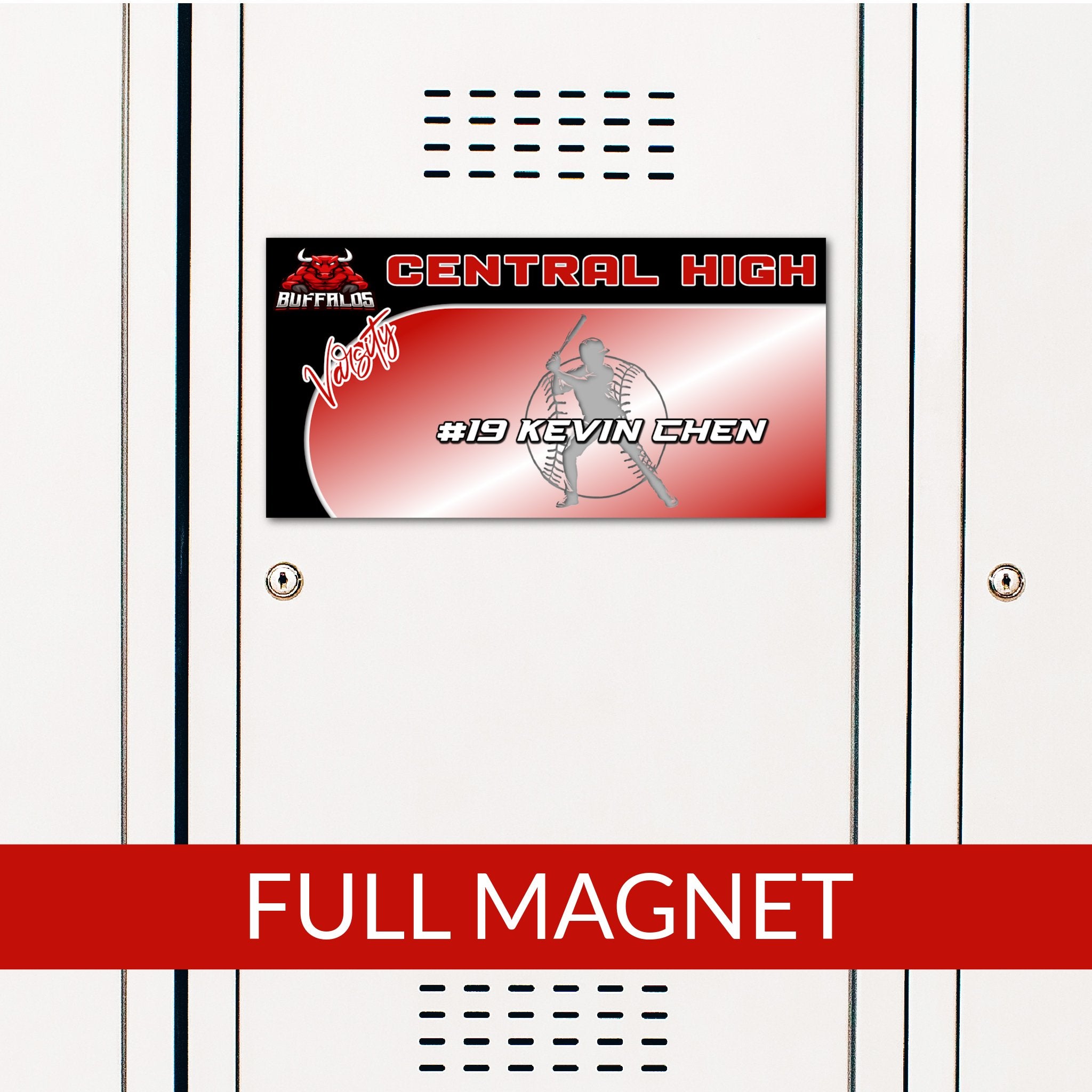 Custom Baseball Rectangle Locker Magnet Decoration in Team or School Colors.