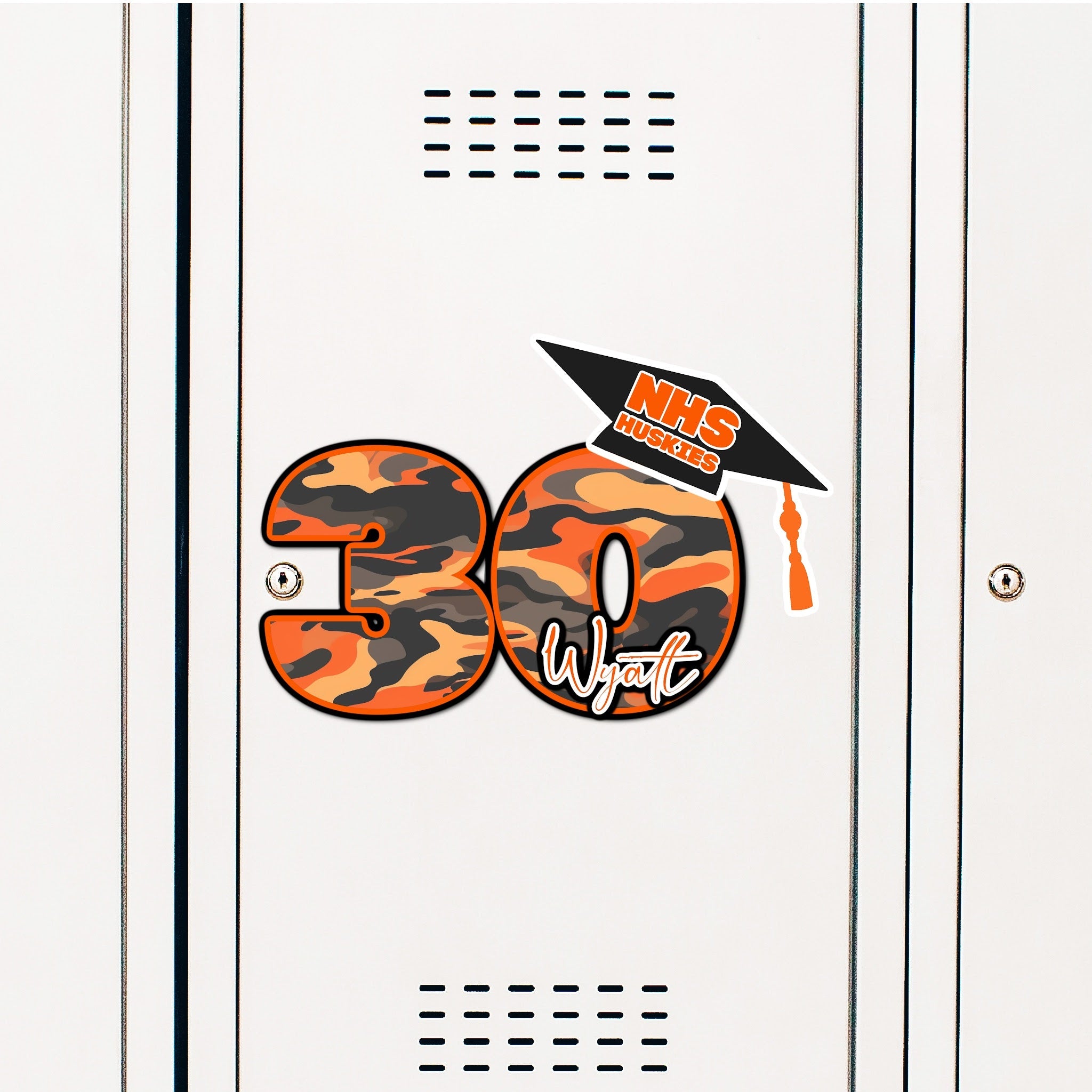 Custom Graduation Year with Grad Cap Locker Decoration in School Colors Camo Print