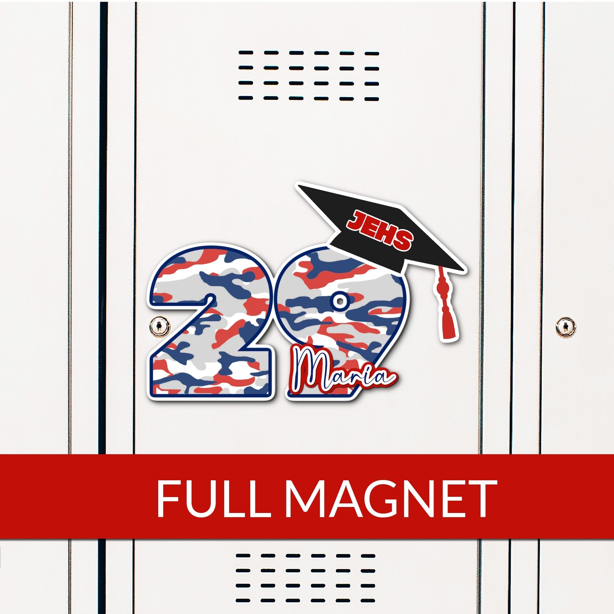 Custom Graduation Year with Grad Cap Locker Magnet in School Colors Camo Print
