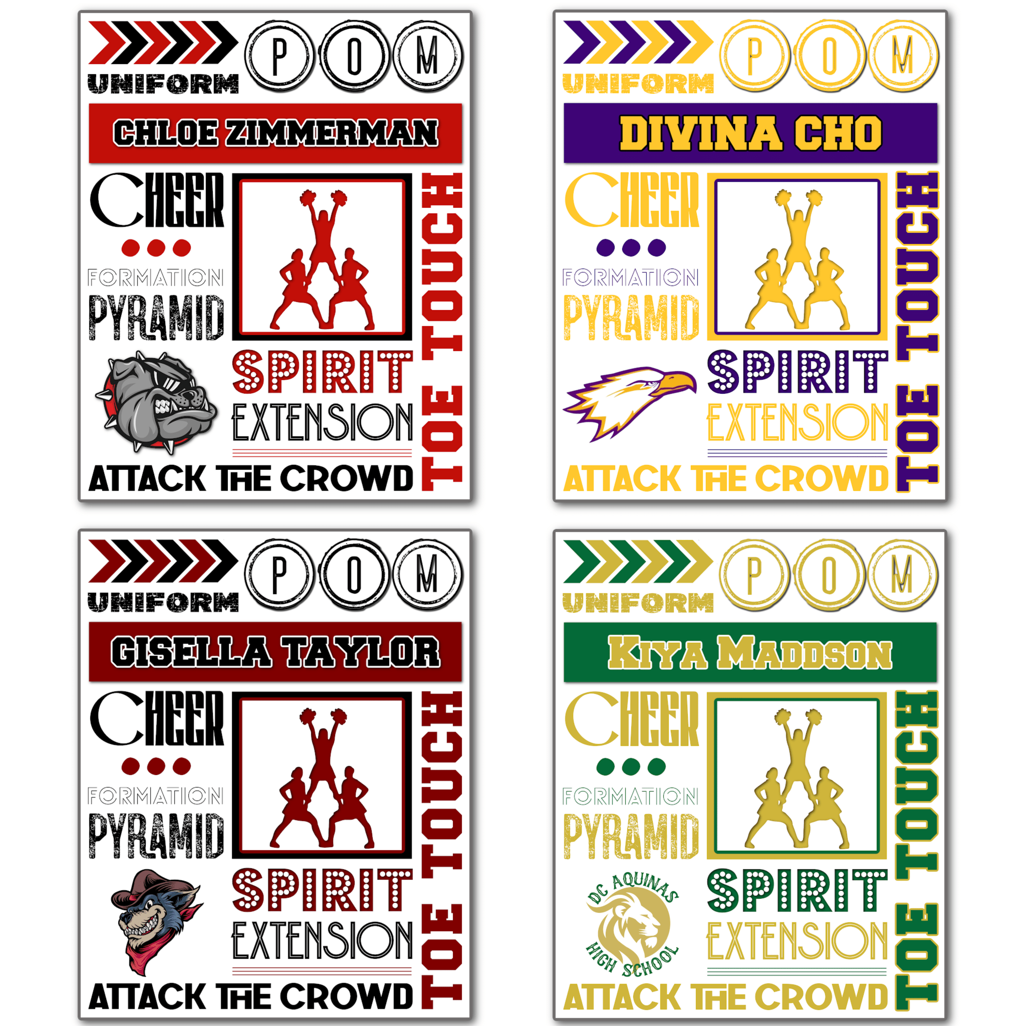 Examples of How to Customize Printable Cheer Collage Locker Tag with Team Colors and Mascot Logos.