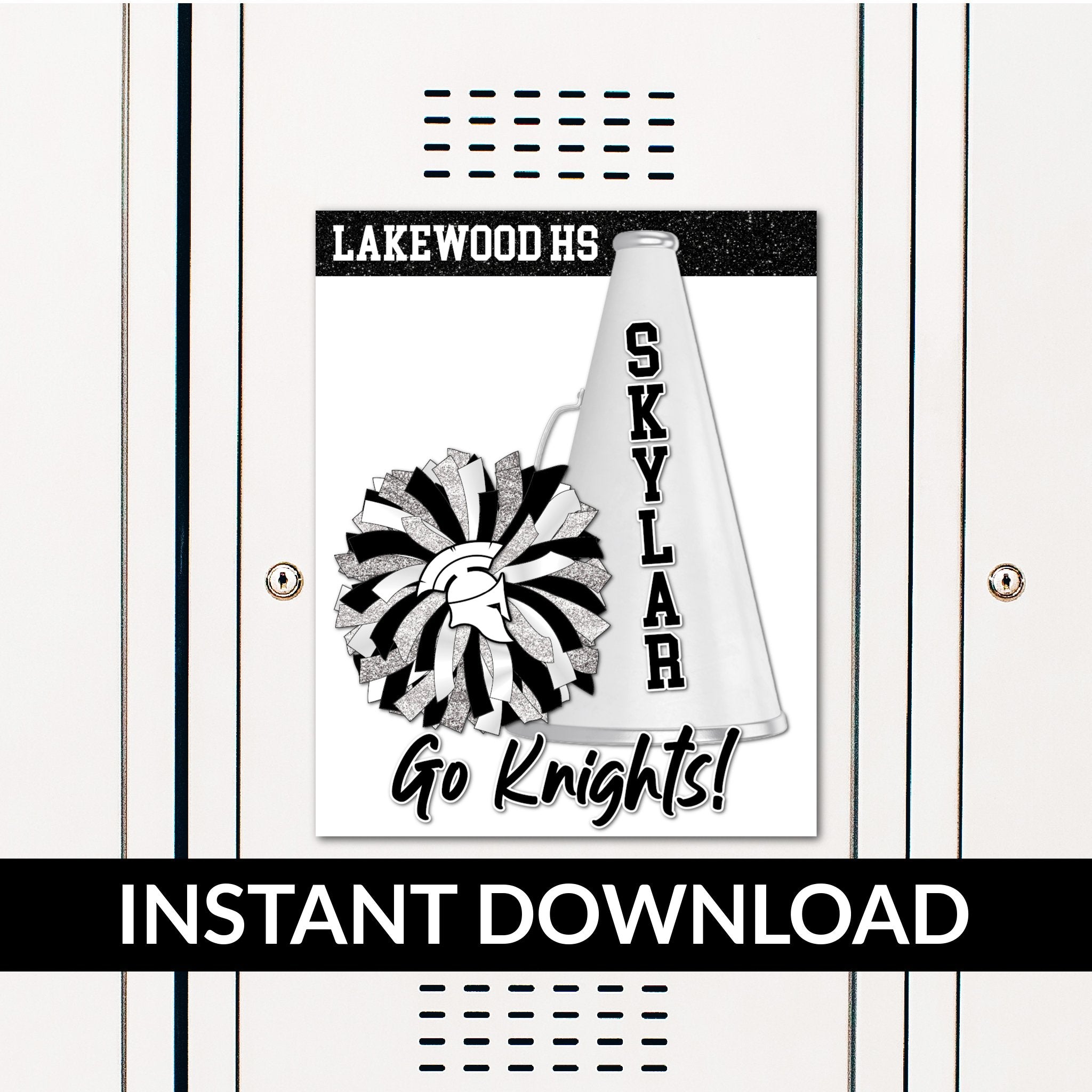 Custom Printable Cheerleading Pom and Megaphone Locker Decoration in Team Colors.