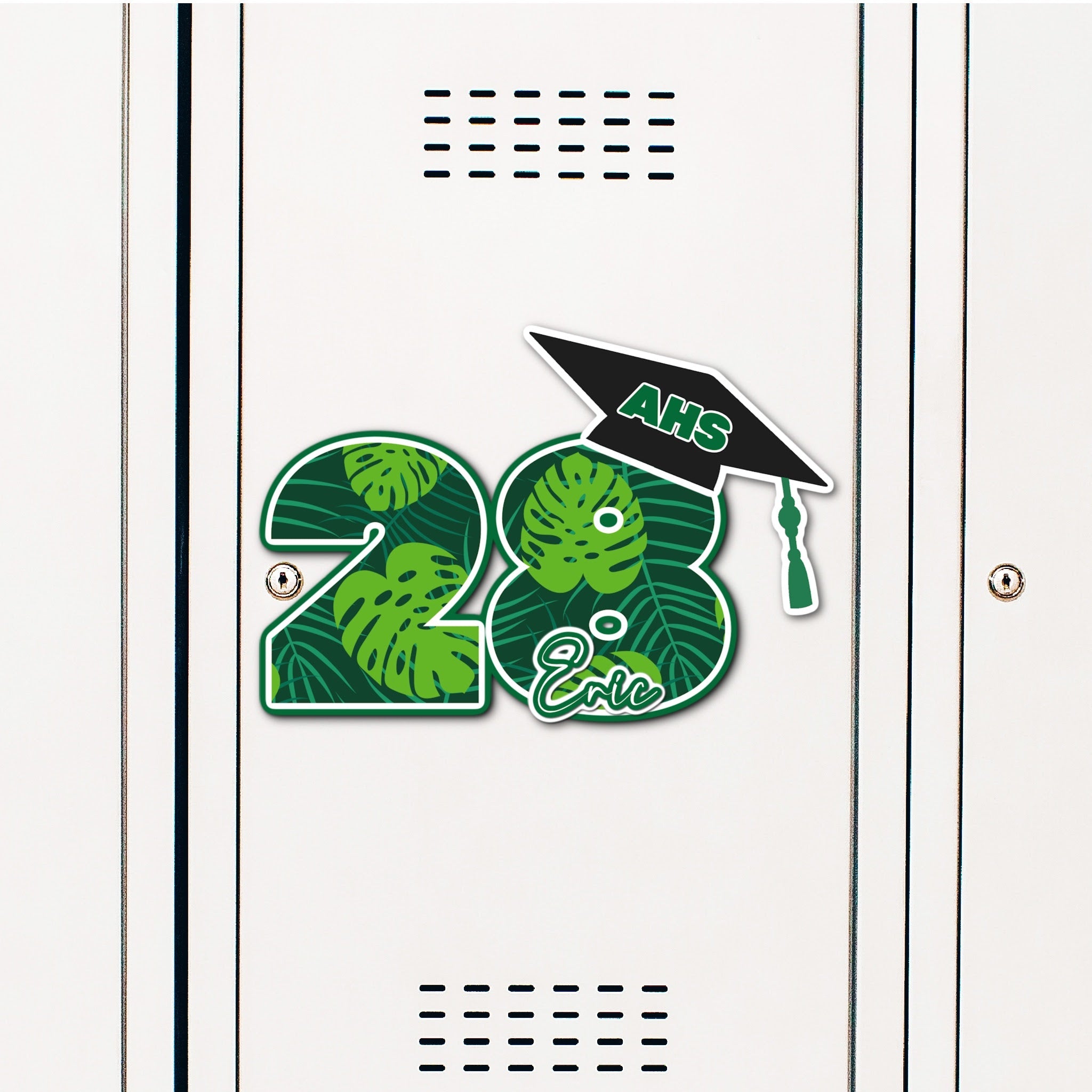 Custom Graduation Year with Grad Cap Locker Decoration in School Colors Tropical Print