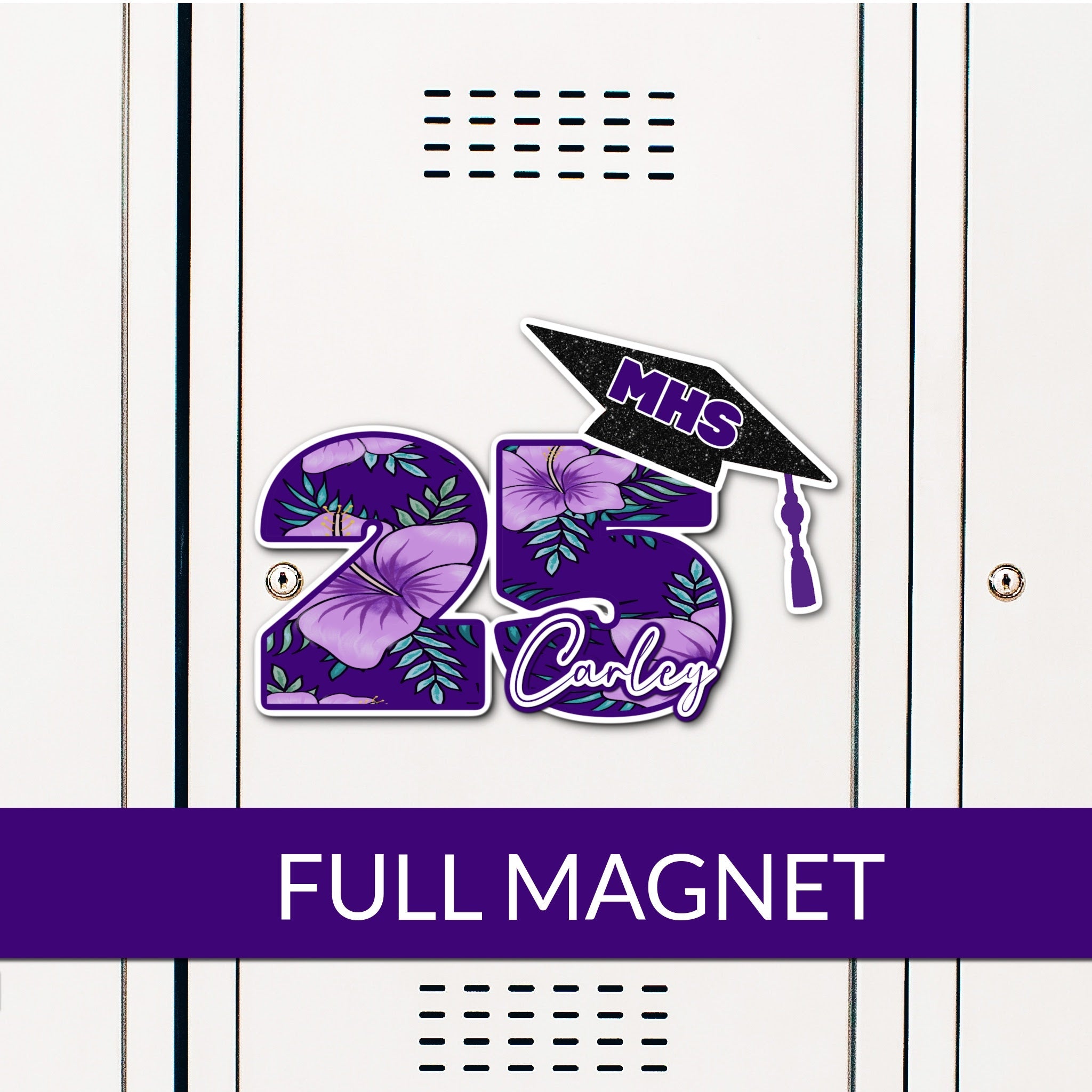 Custom Graduation Year with Grad Cap Locker Decoration in School Colors with Floral or Tropical Print