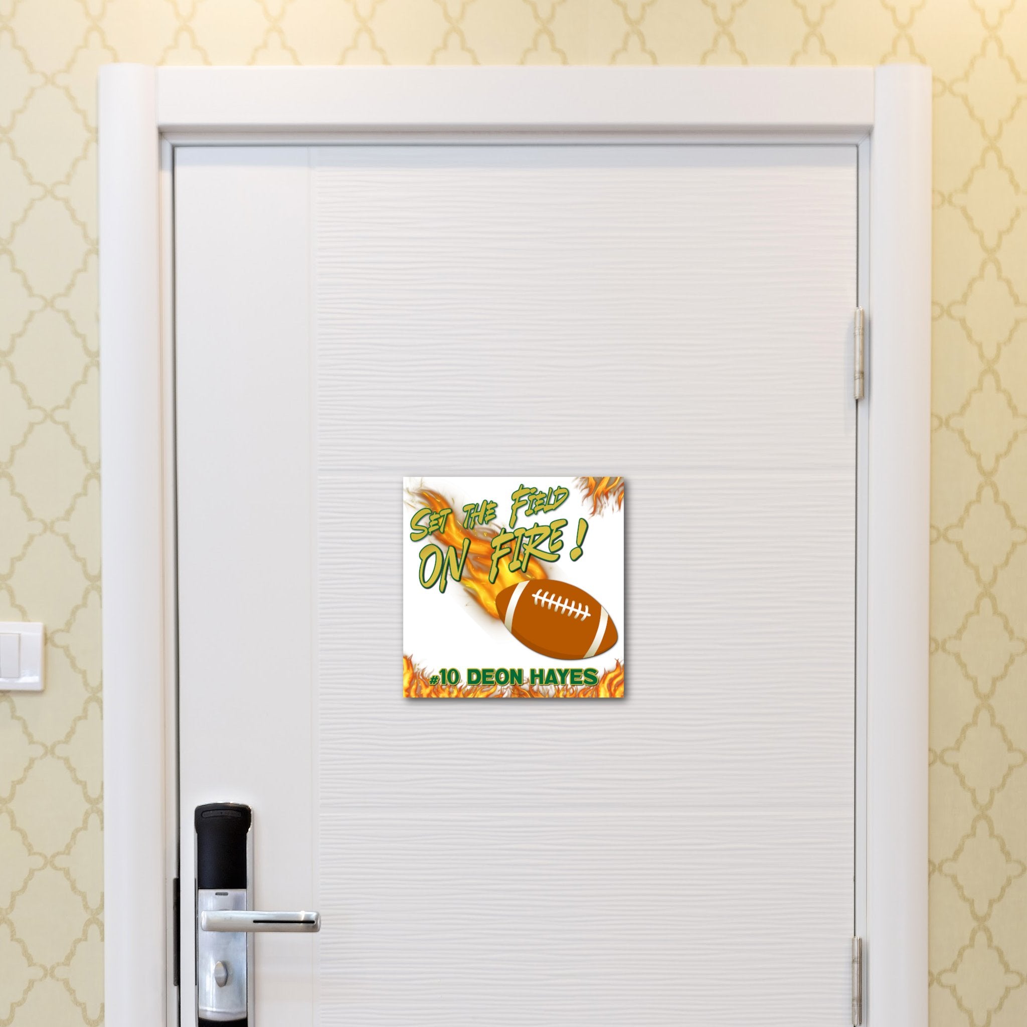 Custom Printable Football Player Hotel Door Decoration in Team Colors.