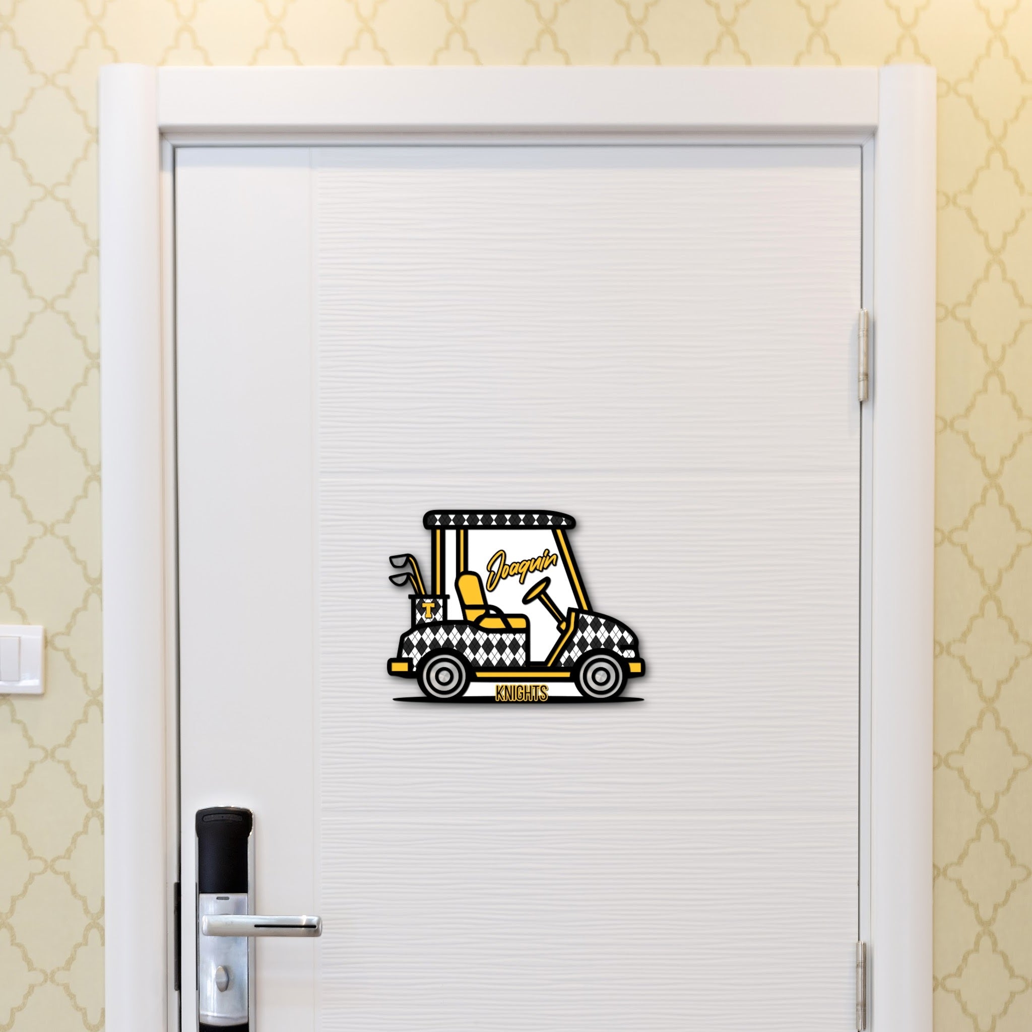 Custom Golf Cart Hotel Door Decoration in School Color Plaid Print.