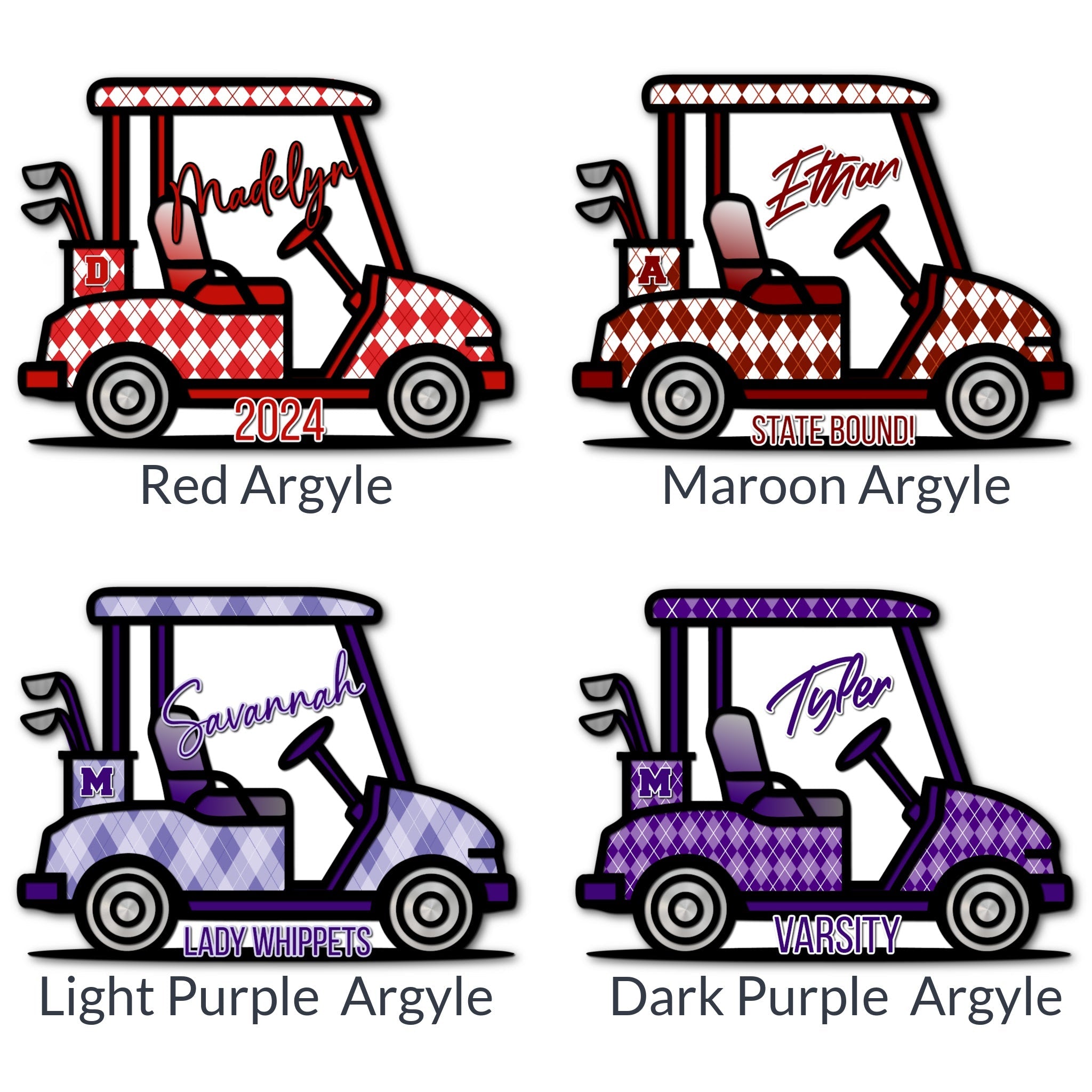 Custom Golf Cart Sign in School Colors Plaid Argyle Print.