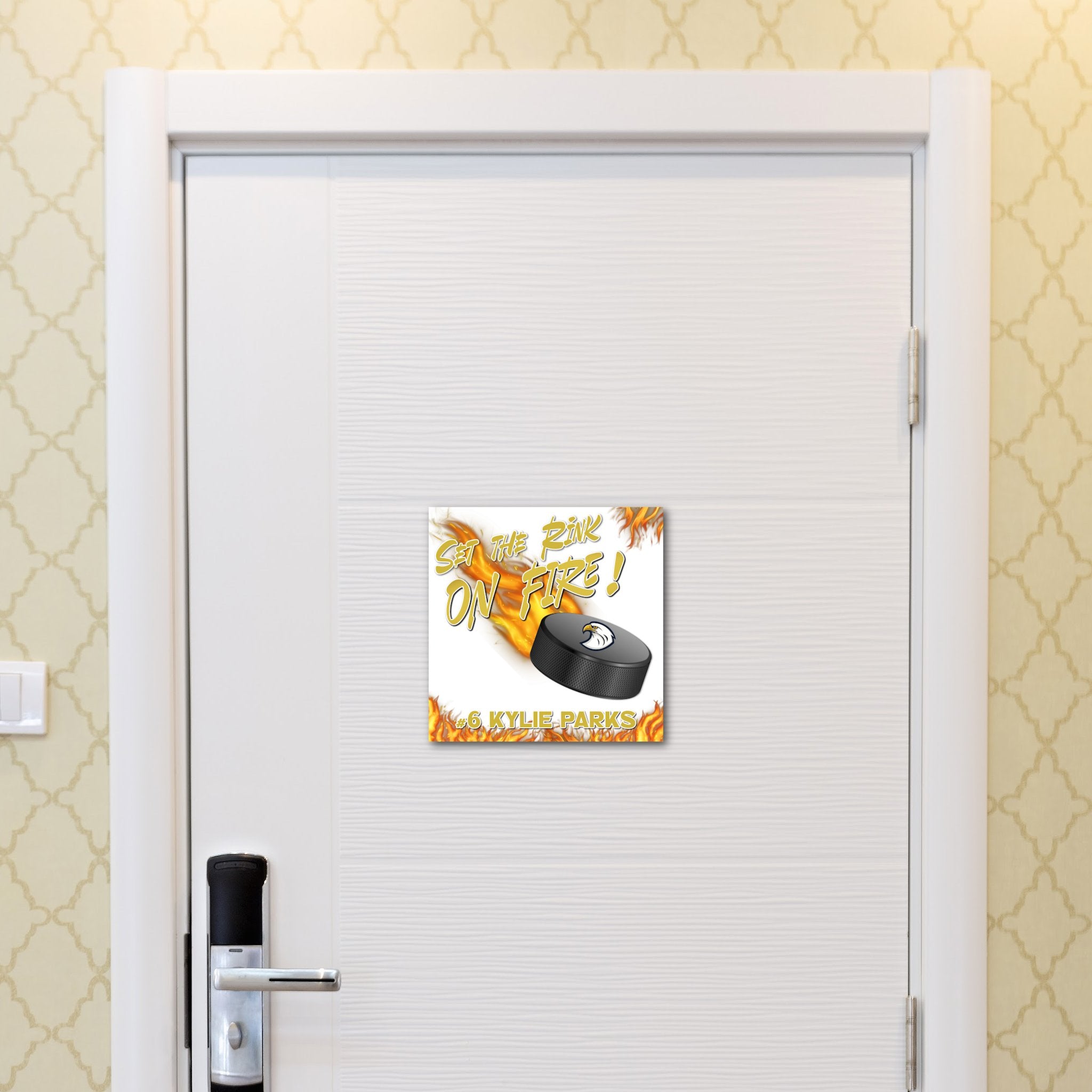 Custom Printable Hockey Player Hotel Door Decoration in Team Colors.