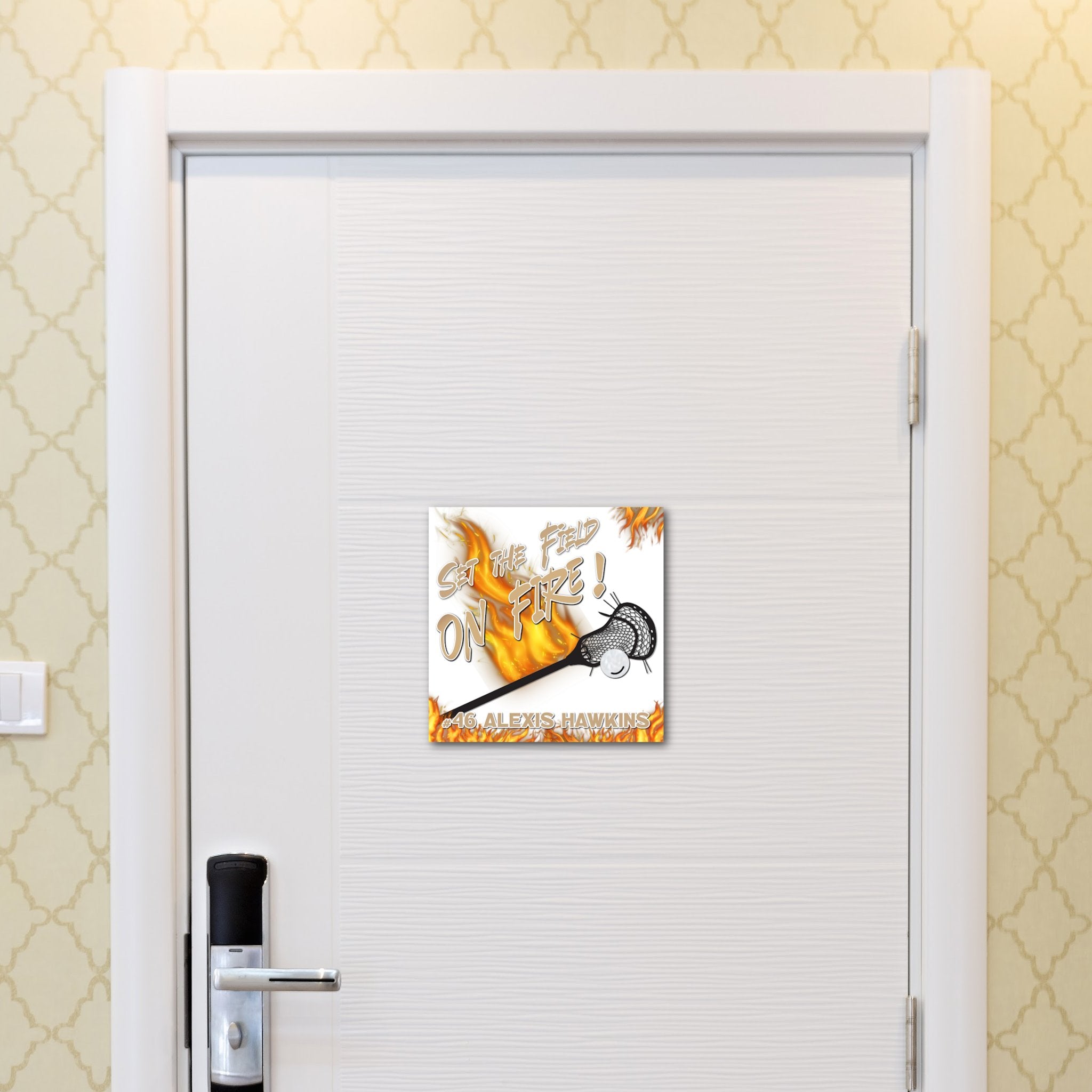 Custom Printable Lacrosse Player Hotel Door Decoration in Team Colors.