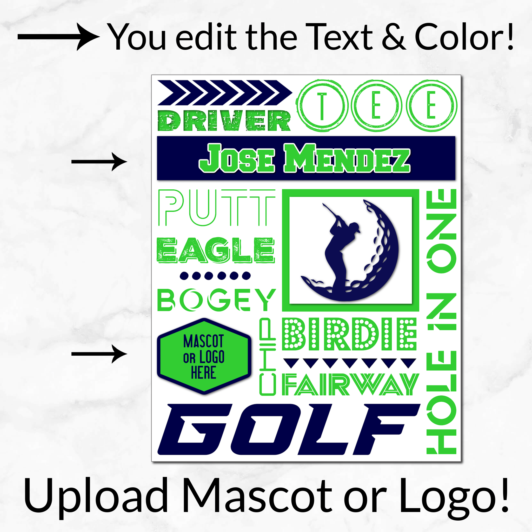 Personalized options shown: customize text and colors for your team design.