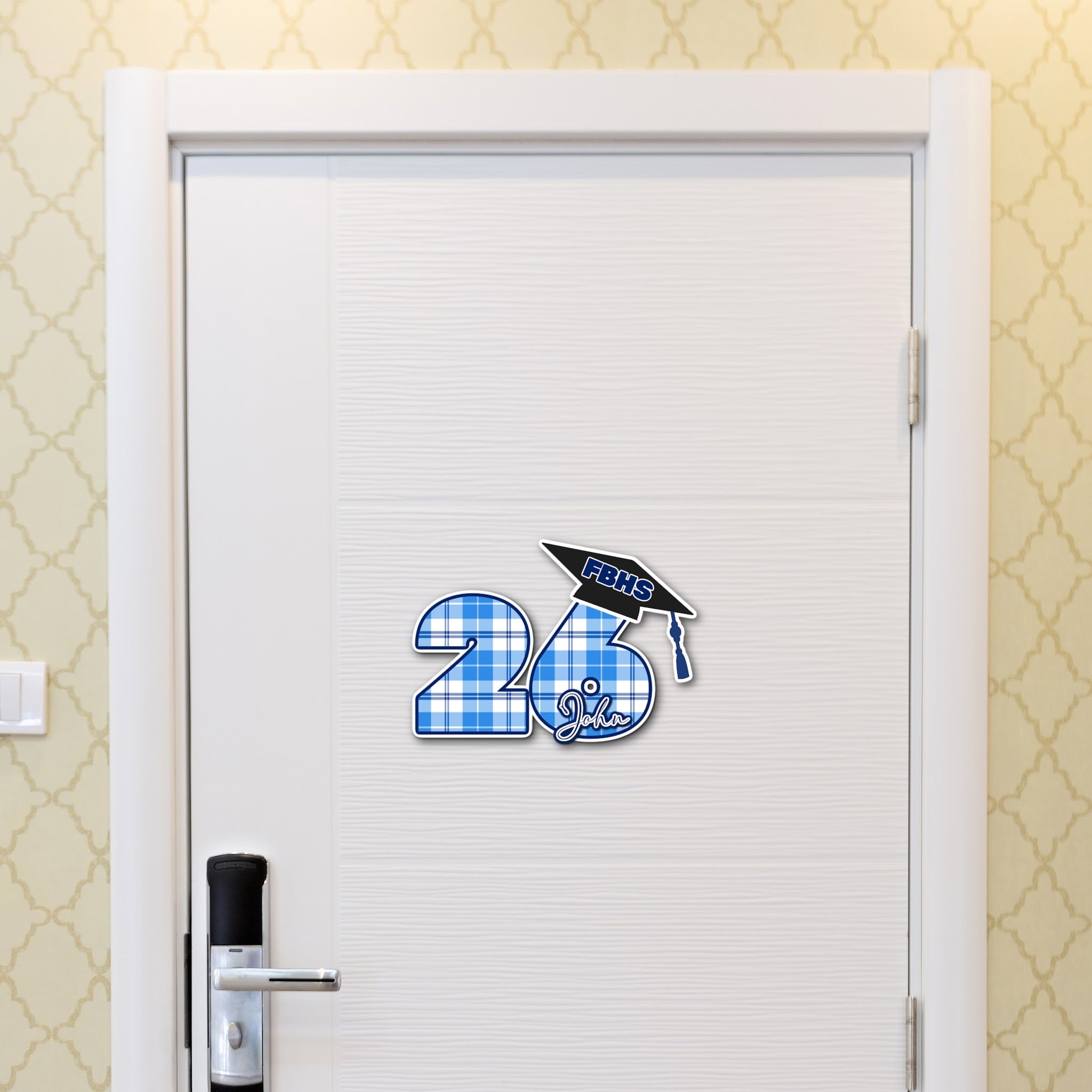Custom Graduation Year with Grad Cap Party Decoration in School Colors Plaid Print