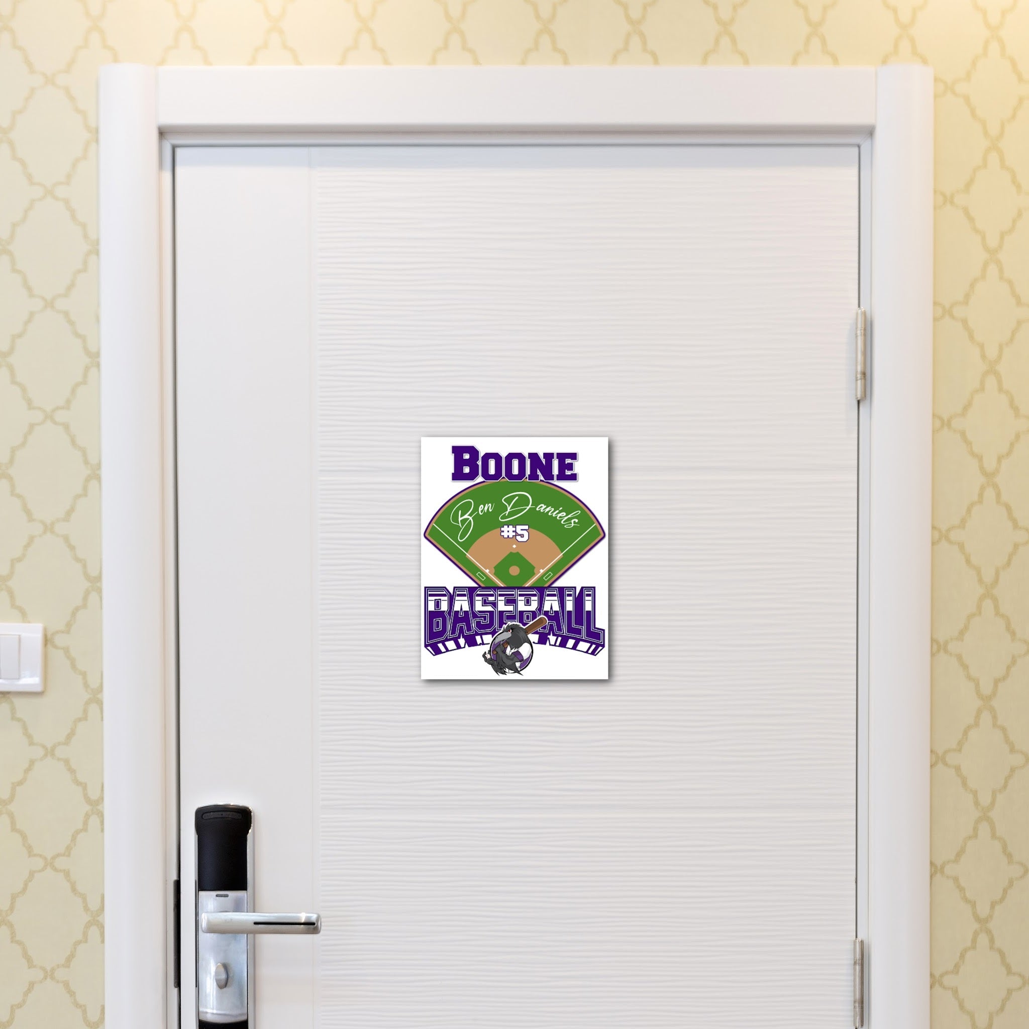 Custom Printable Baseball Player Hotel Door Decoration in Team Colors.