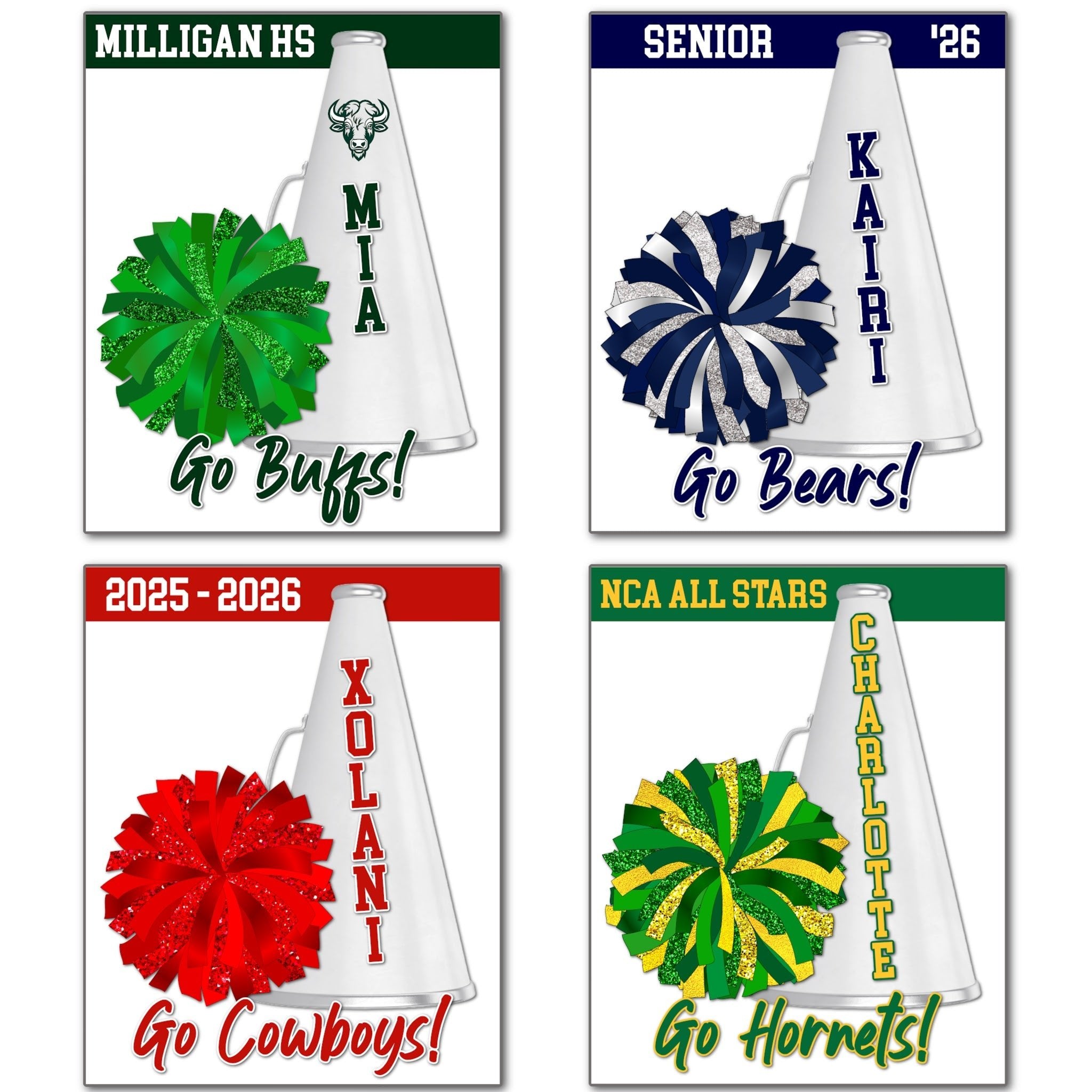 Examples of How to Customize Cheer Decoration with Team Name, Athlete Name, Team Colors, Year, Tournament, Mascot, and More.