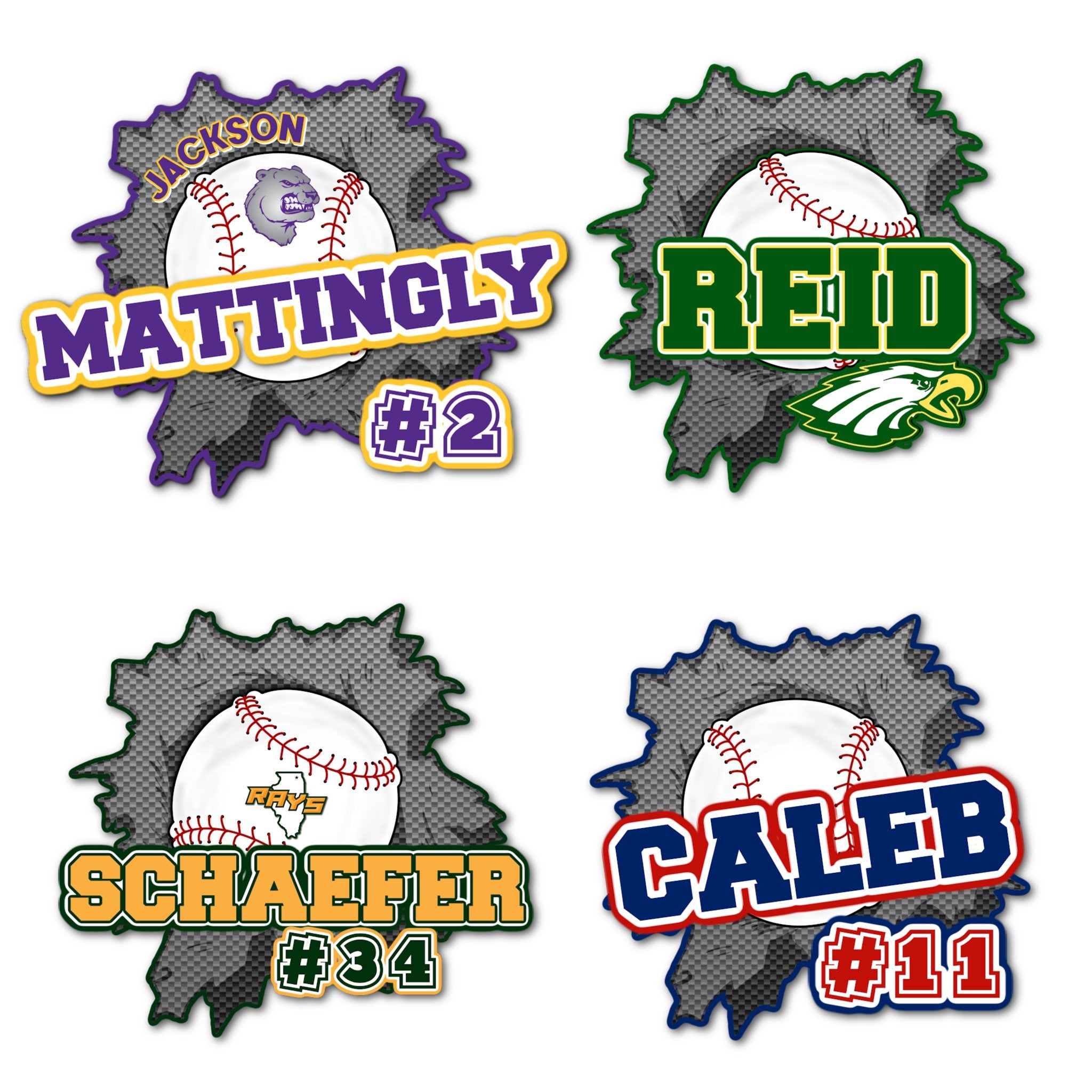 Examples of How to Customize Baseball Decoration with Team Name, Athlete Name, Team Colors, Year, Tournament, Mascot, and More.
