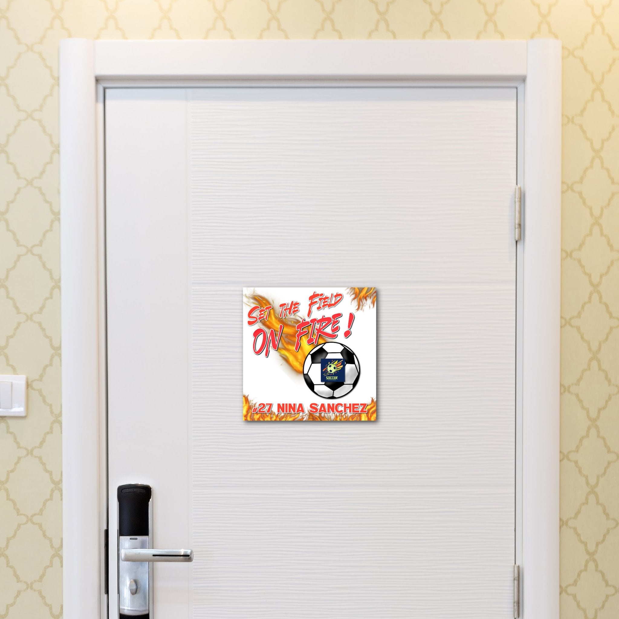 Custom Printable Soccer Player Hotel Door Decoration in Team Colors.
