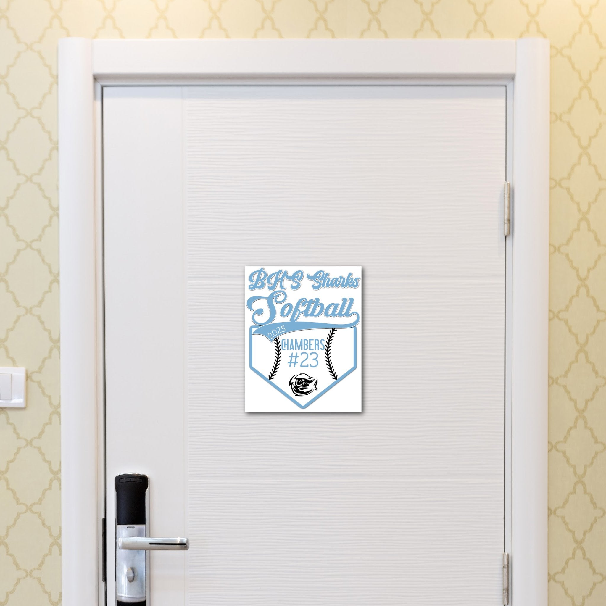 Custom Printable Softball Player Hotel Door Decoration in Team Colors.