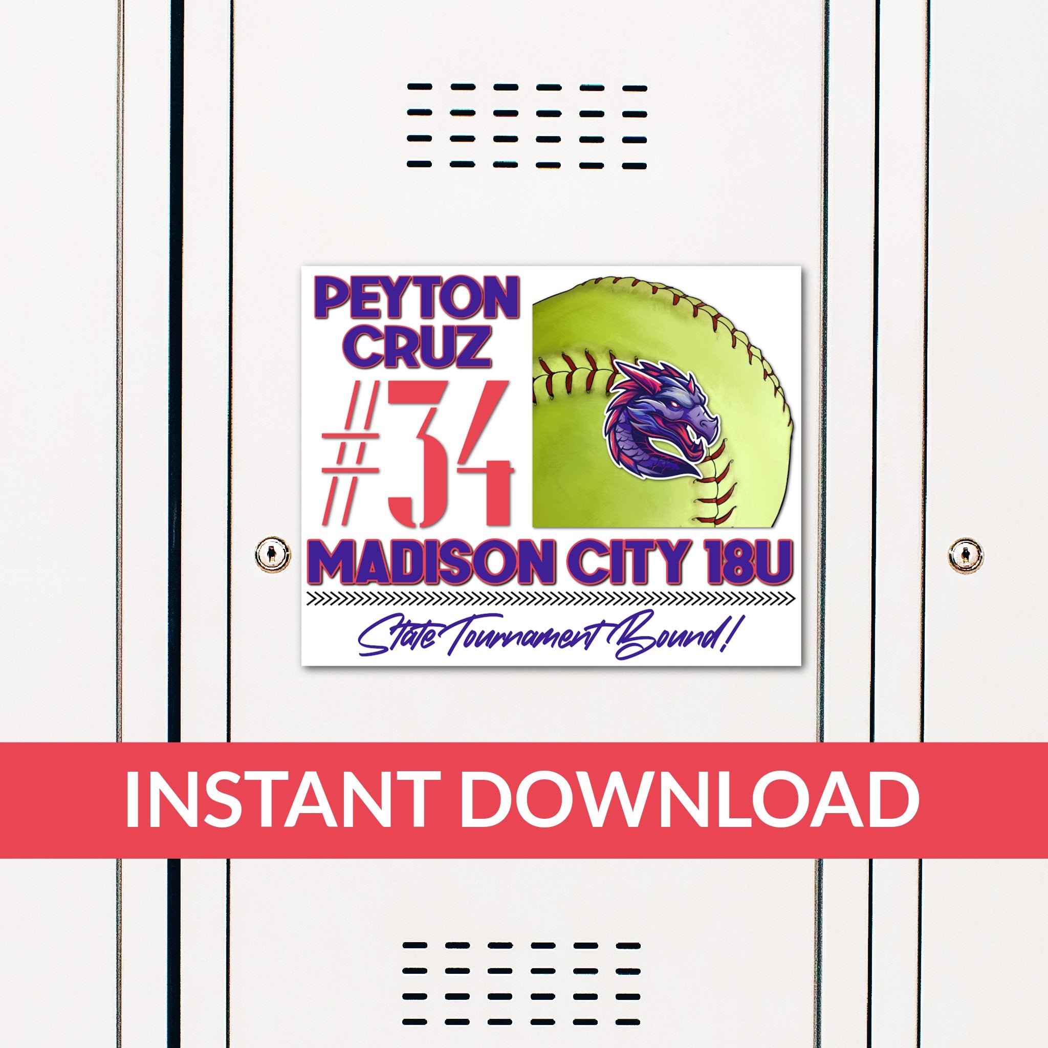 Custom Printable Softball Locker Decoration in Team Colors.