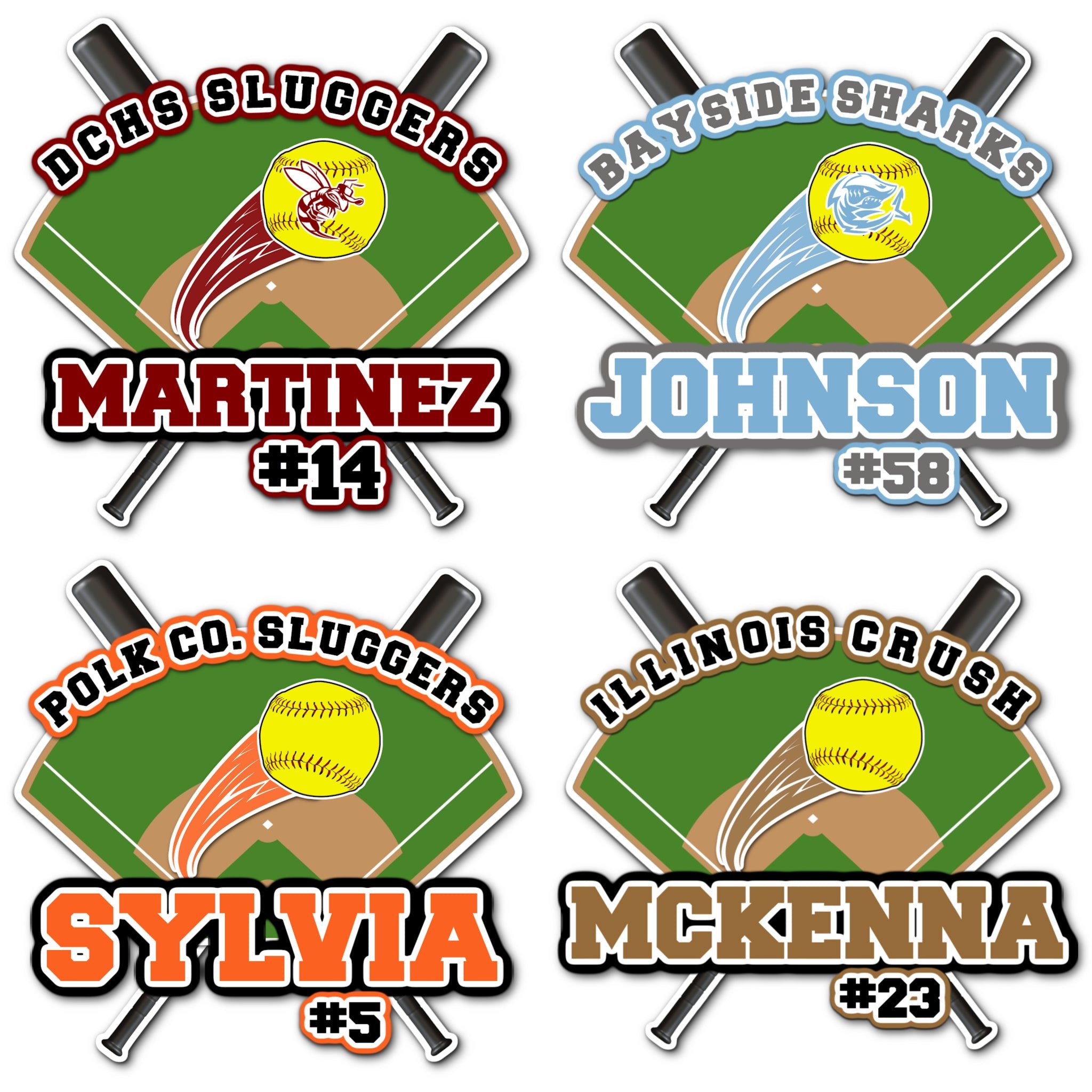 Examples of How to Customize Softball Player Decoration with Team Name, Athlete Name, Team Colors, Year, Tournament, Mascot, and More.