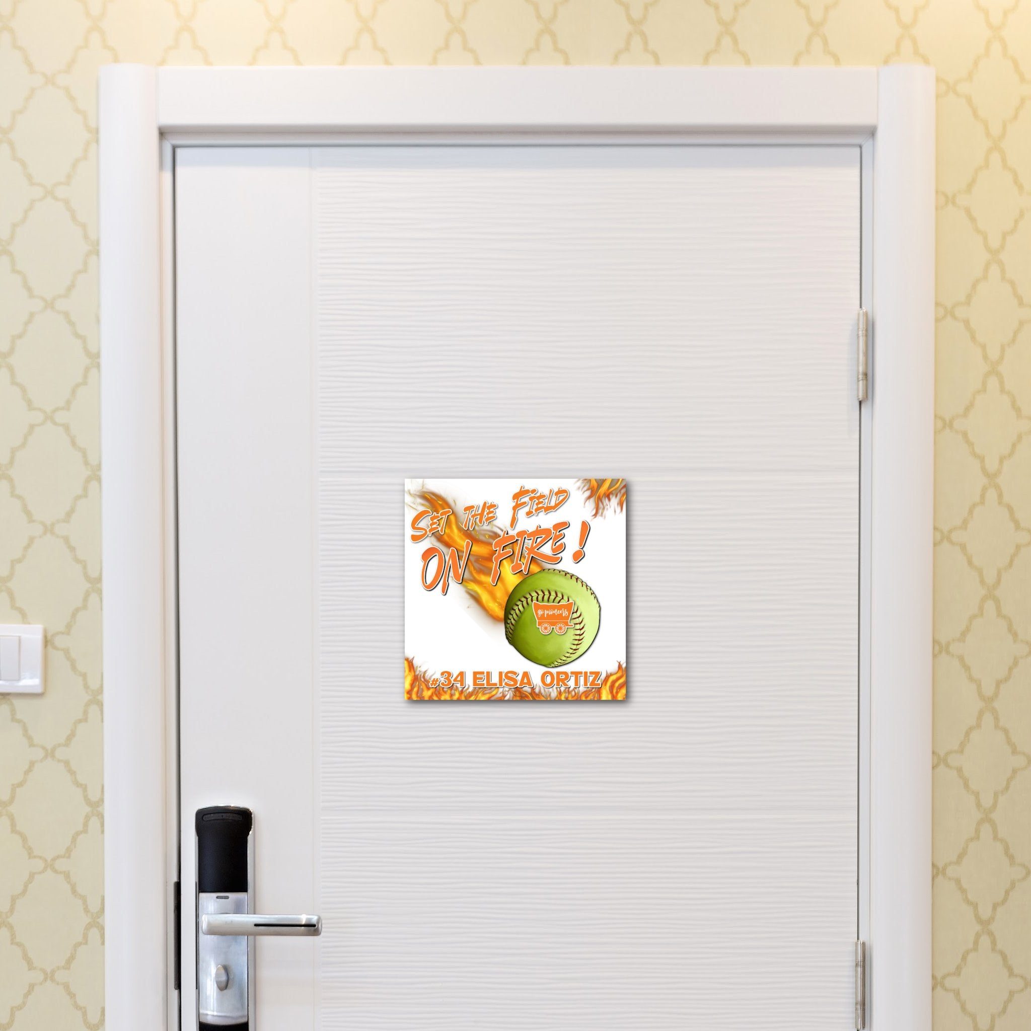 Custom Printable Softball Player Hotel Door Decoration in Team Colors.
