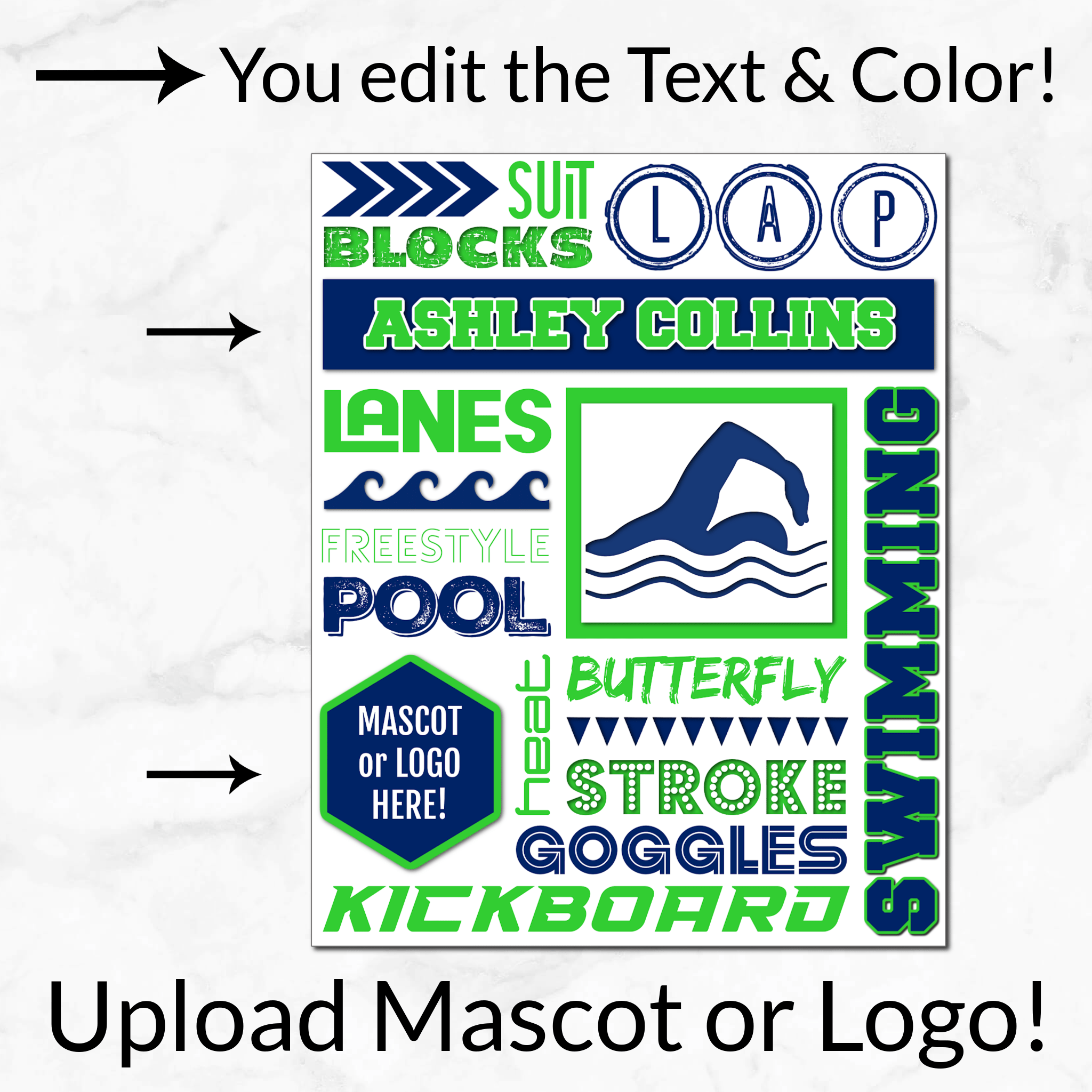 Personalized options shown: customize text and colors for your team design.