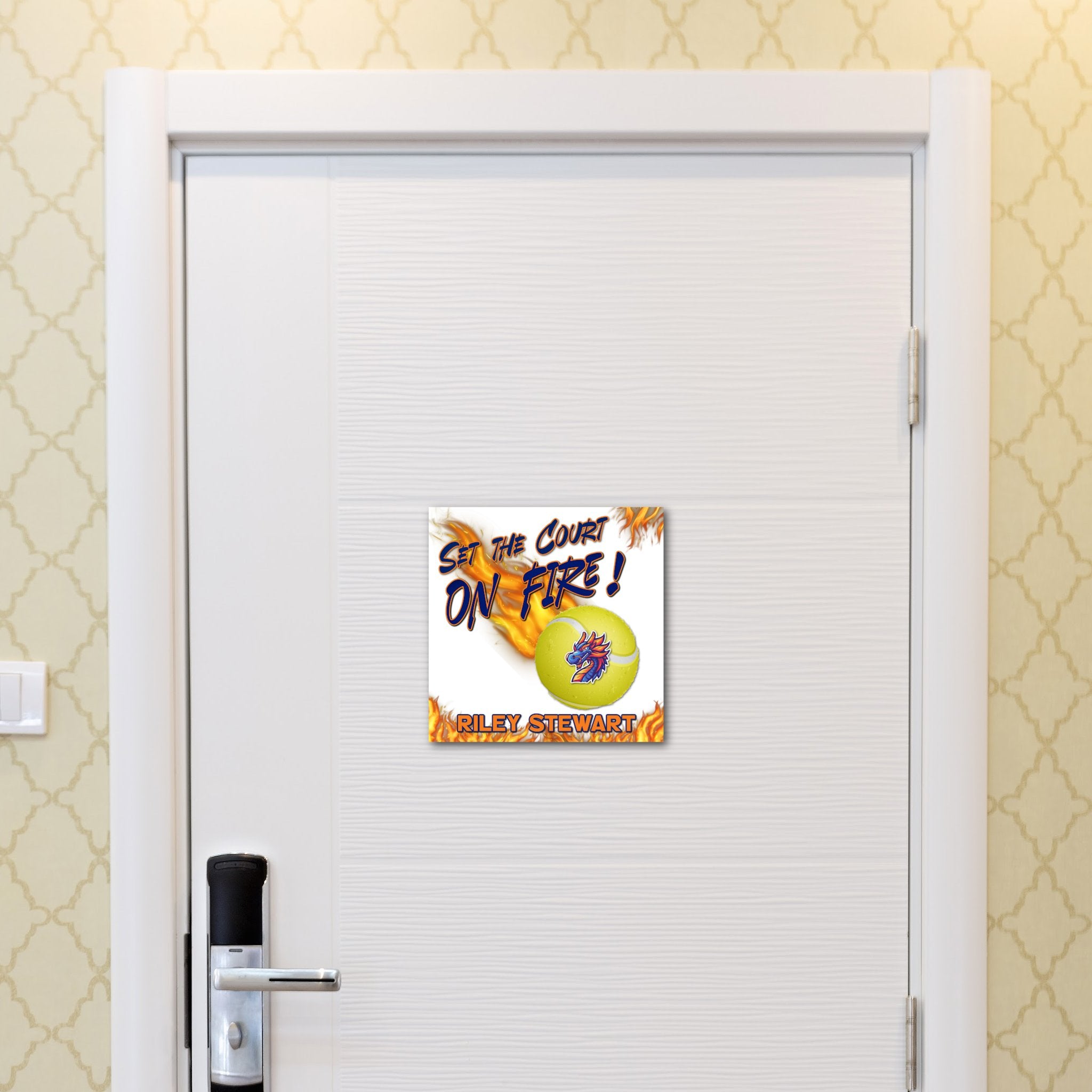 Custom Printable Tennis Player Hotel Door Decoration in Team Colors.