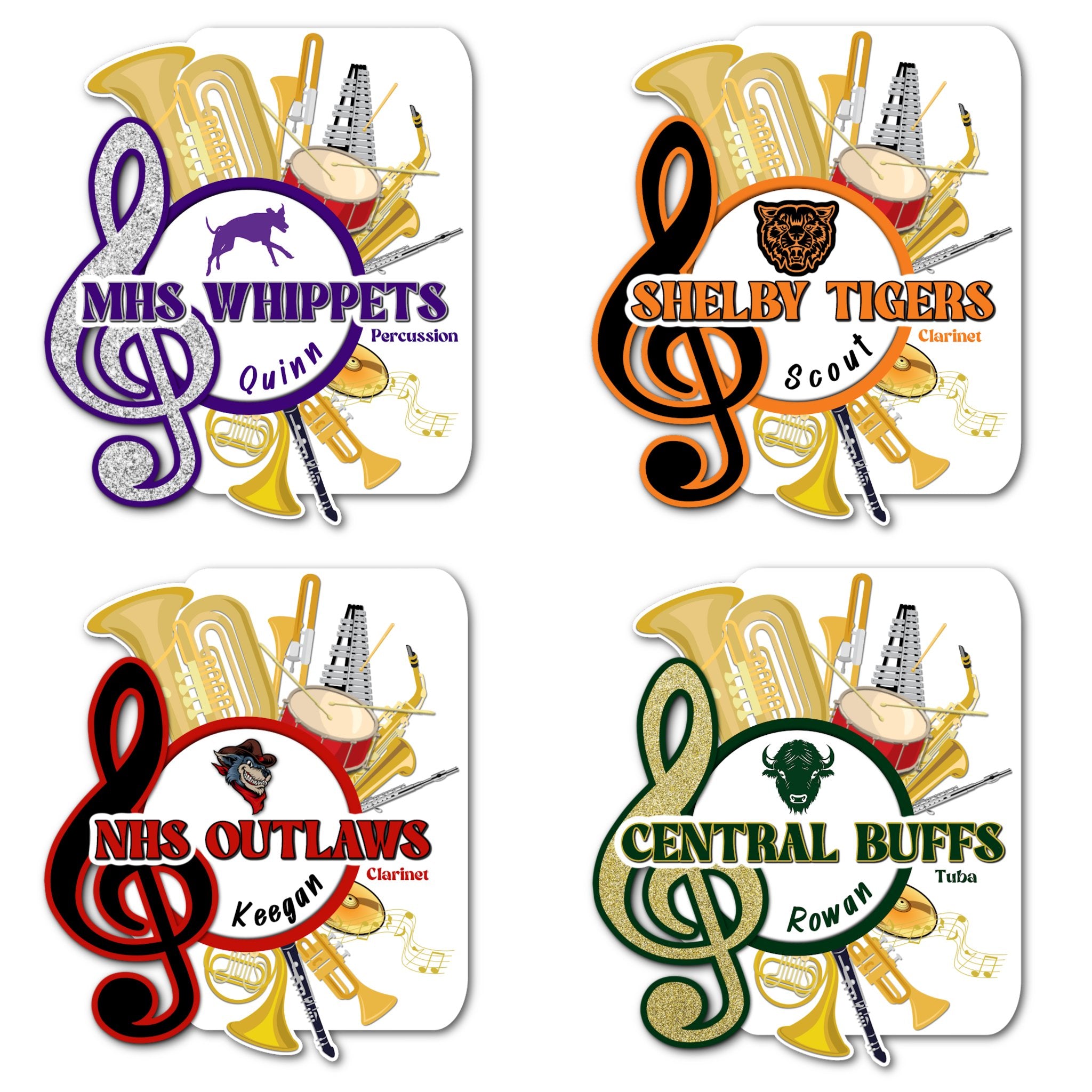 Examples of How to Customize Musicians Decoration with Team Name, Athlete Name, Team Colors, Year, Tournament, Mascot, and More.