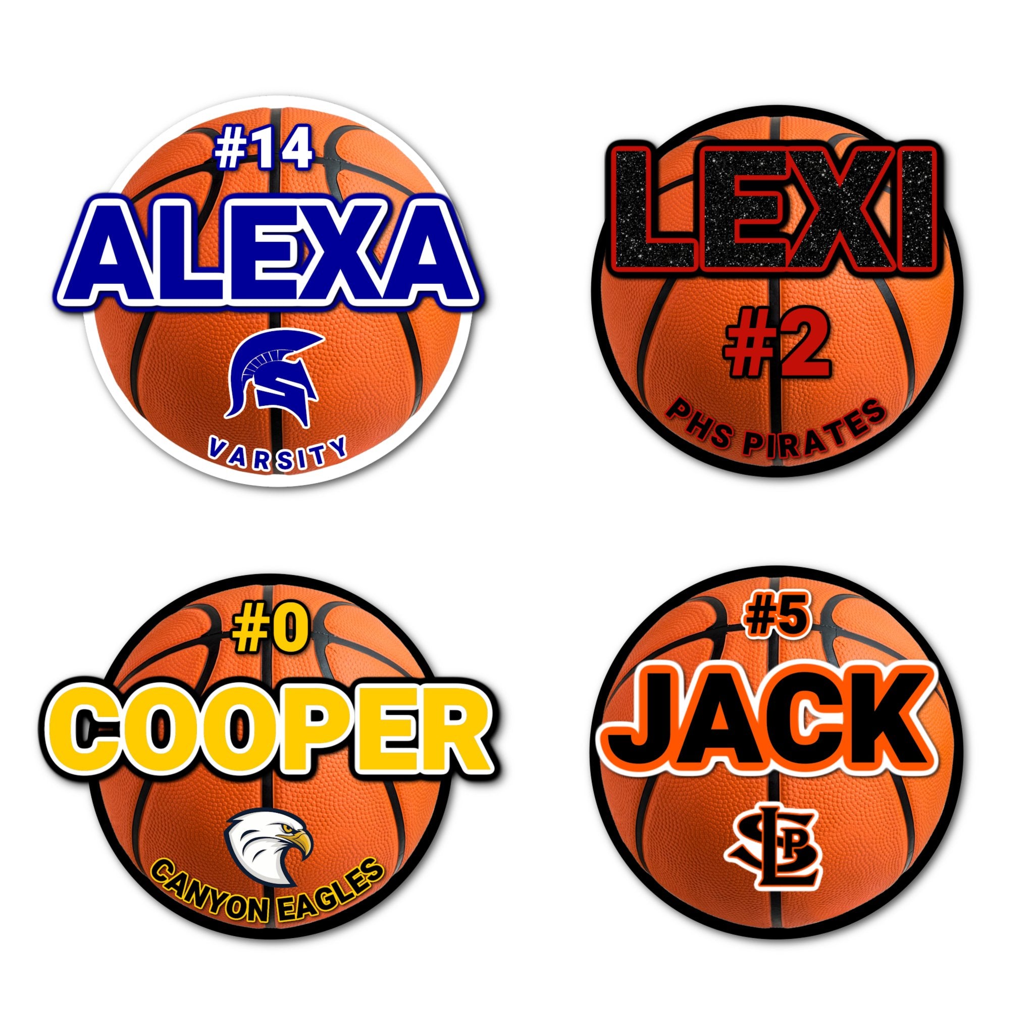 Examples of How to Customize Basketball Player Decoration with Team Name, Athlete Name, Team Colors, Year, Tournament, Mascot, and More.