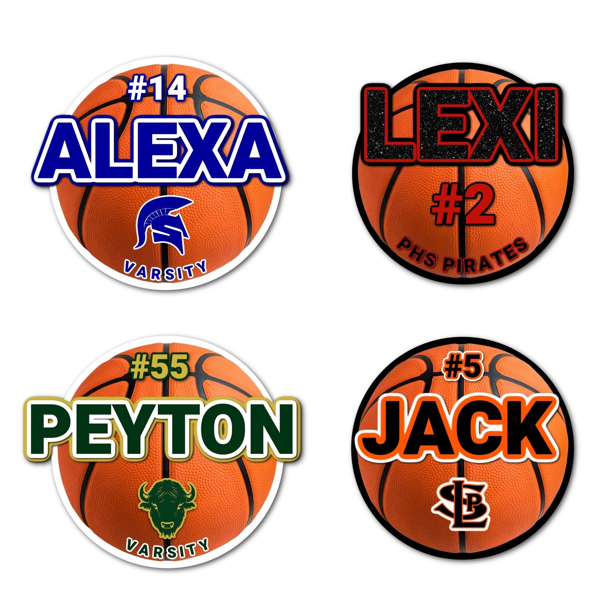 Examples of How to Customize Basketball Player Decoration with Team Name, Athlete Name, Team Colors, Year, Tournament, Mascot, and More.
