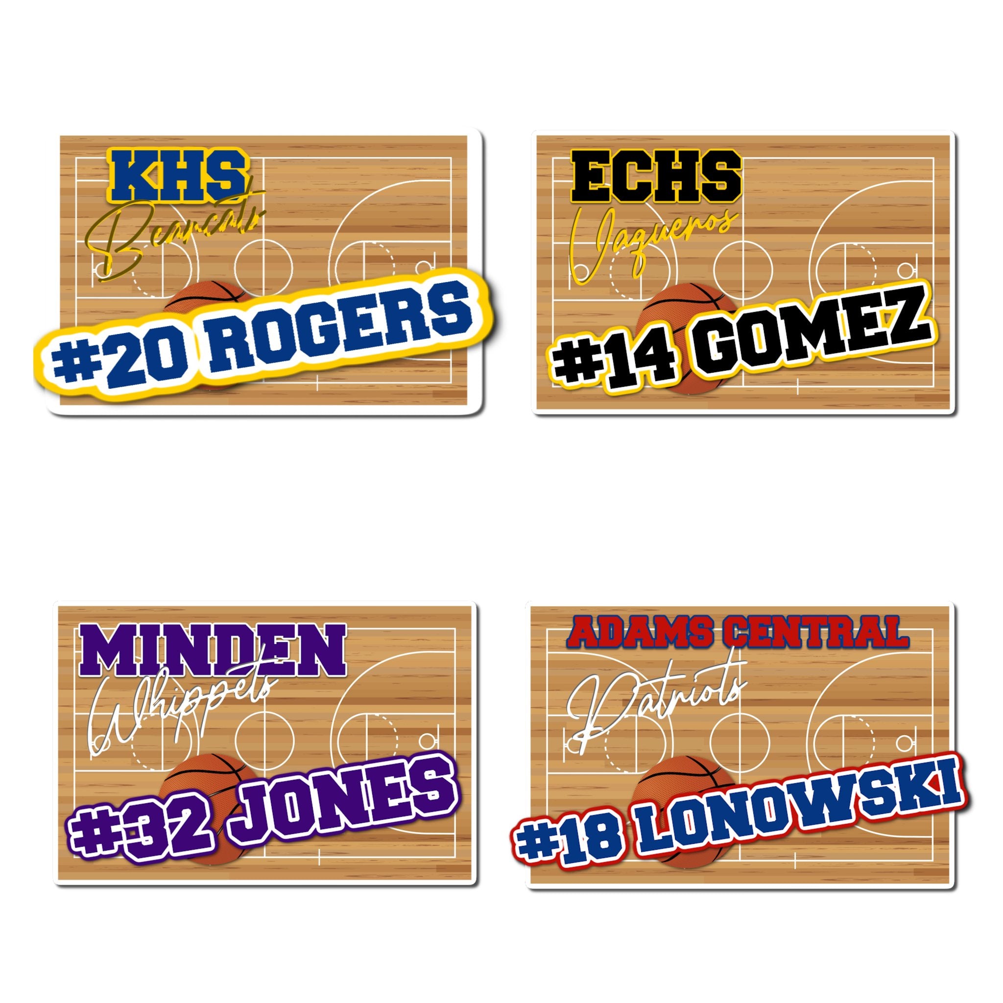Examples of How to Customize Basketball Player Decoration with Team Name, Athlete Name, Team Colors, Year, Tournament, Mascot, and More.