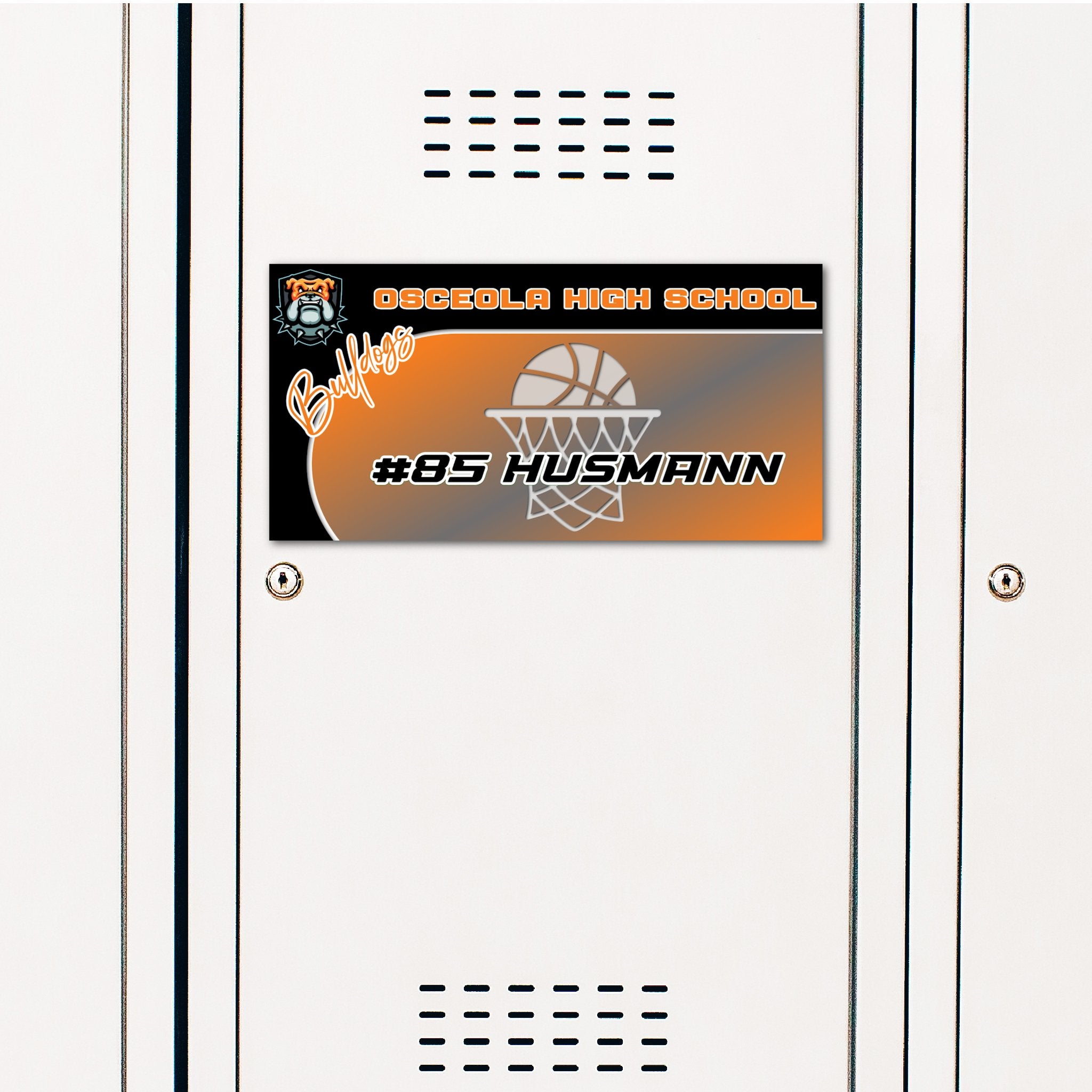 Custom Rectangle Basketball Locker Decoration in Team or School Colors.