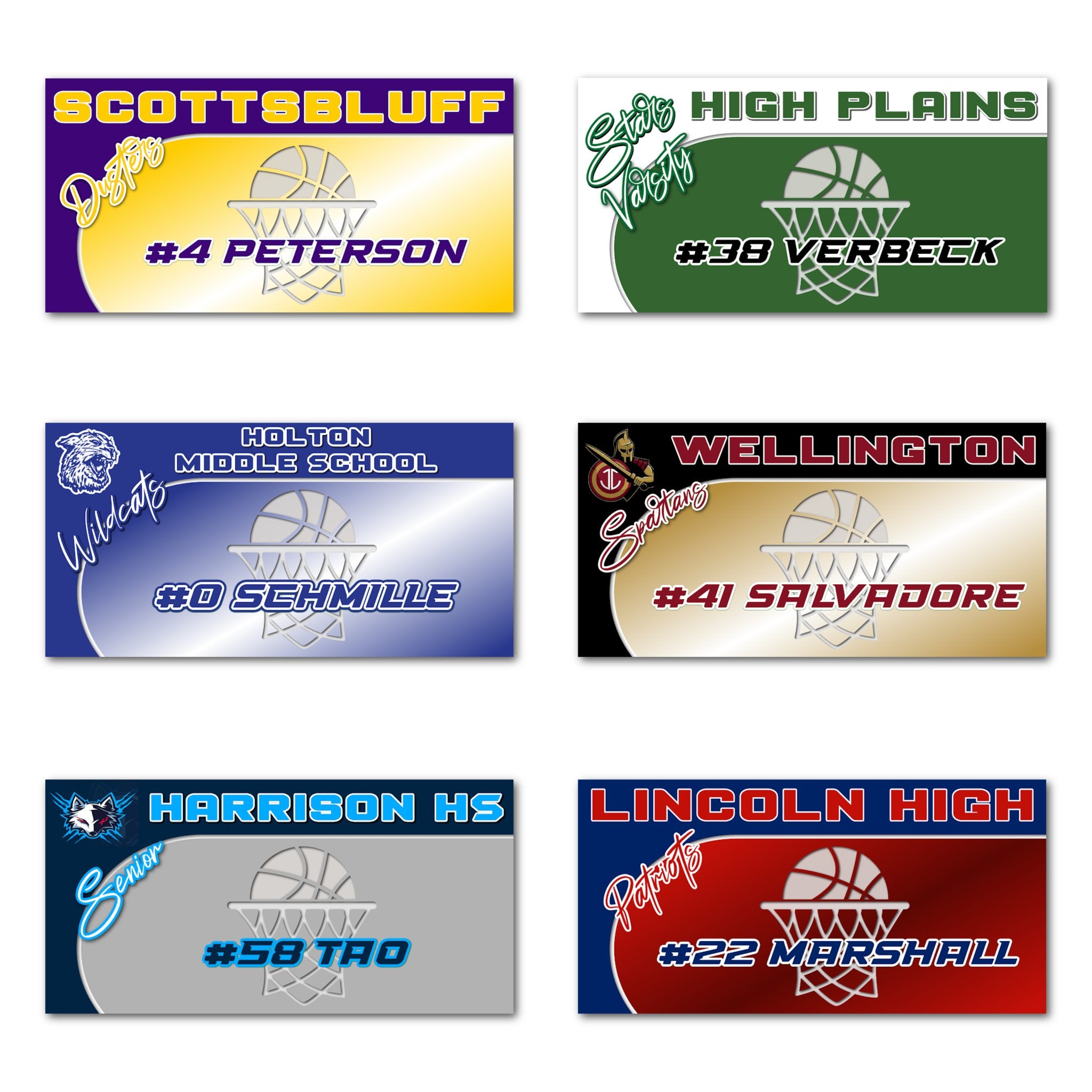 Examples of How to Customize Basketball Player Decoration with Team Name, Athlete Name, Team Colors, Year, Tournament, Mascot, and More.