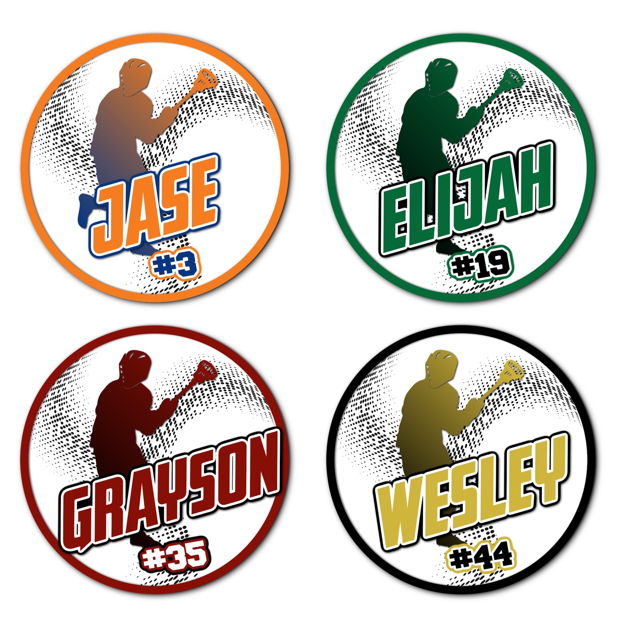 Examples of How to Customize Boys Lacrosse Decoration with Team Name, Athlete Name, Team Colors, Year, Tournament, Mascot, and More.