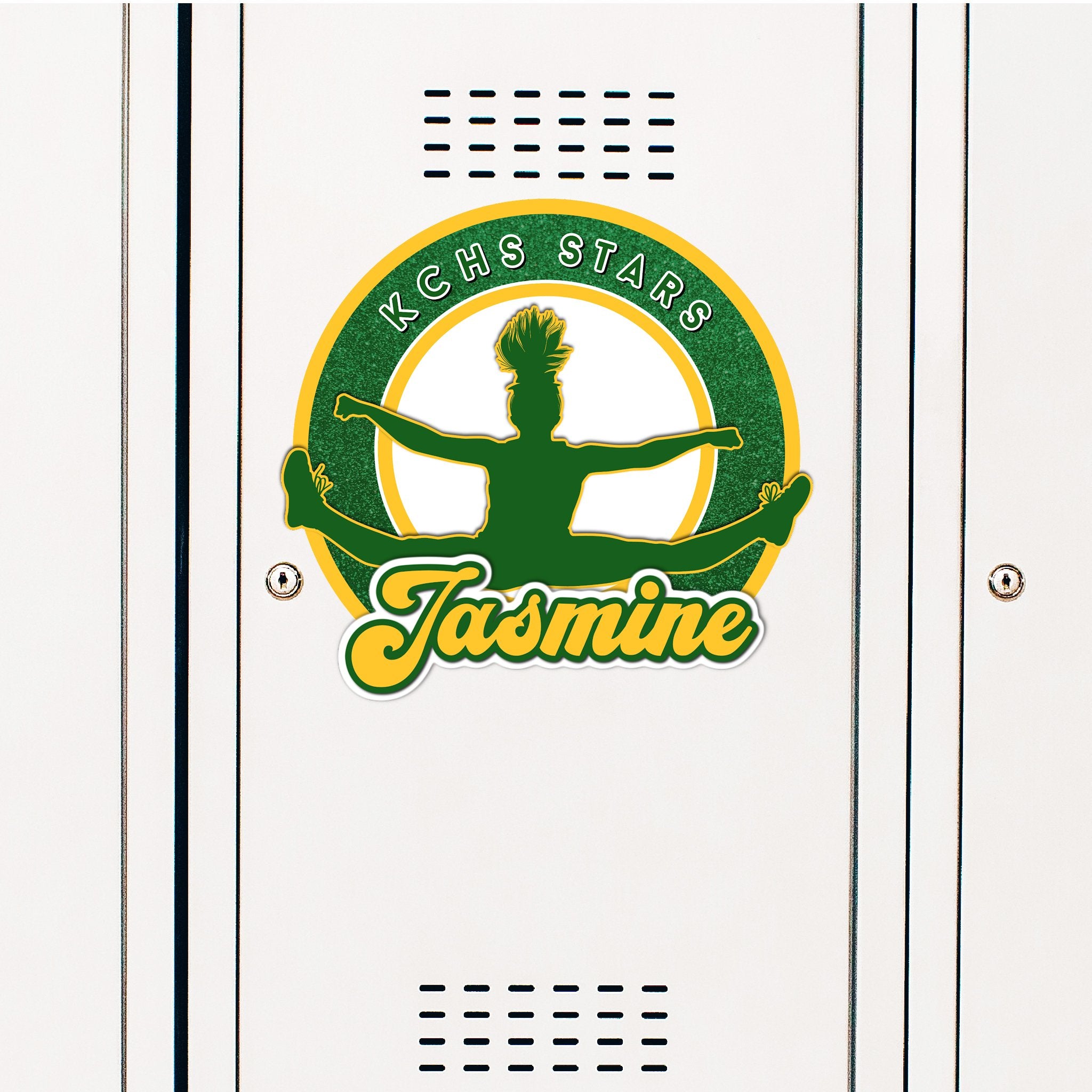 Custom Circle Split Jump Cheerleading Locker Decoration in Team or School Colors.