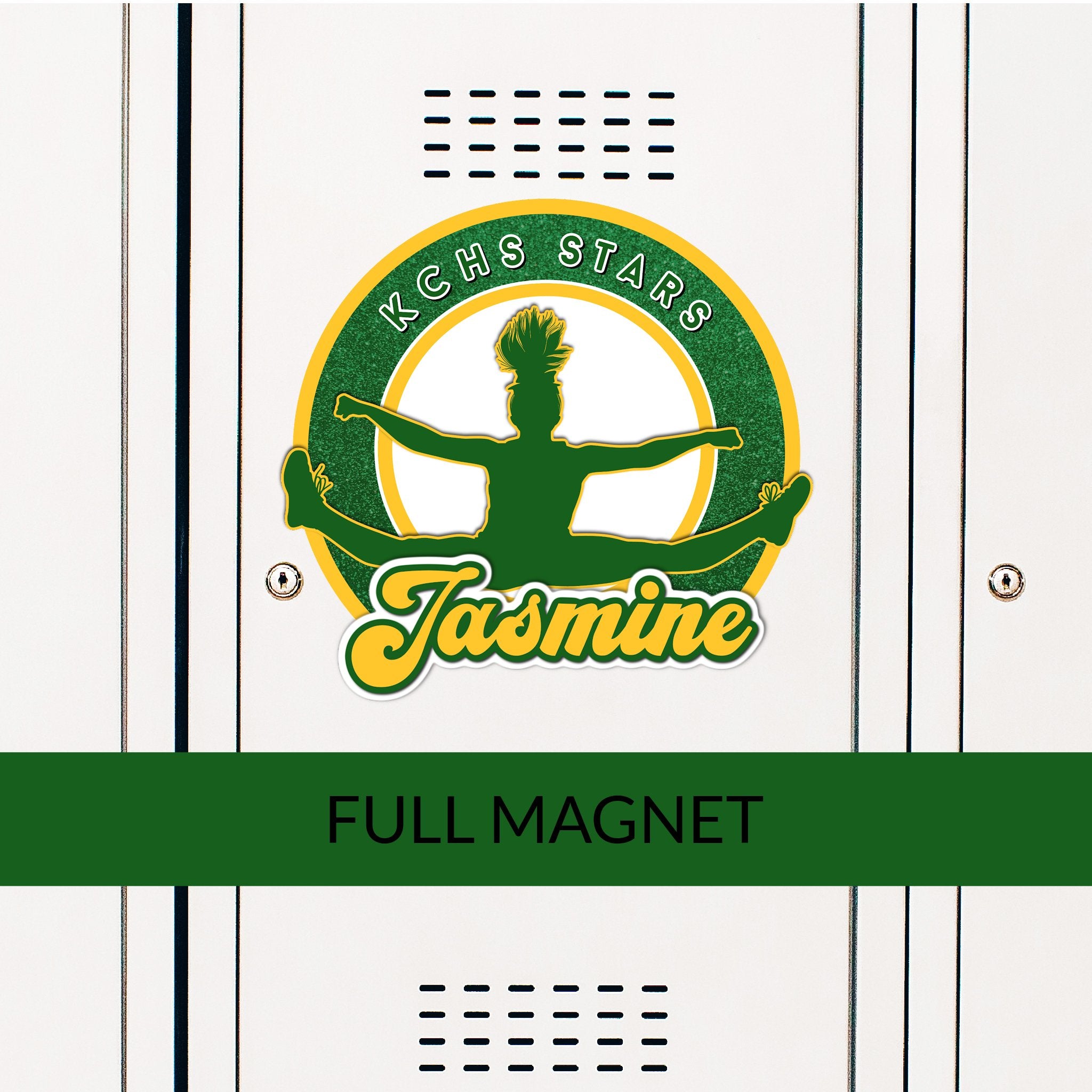 Custom Split Jump Cheer Circle Locker Magnet Decoration in Team or School Colors.