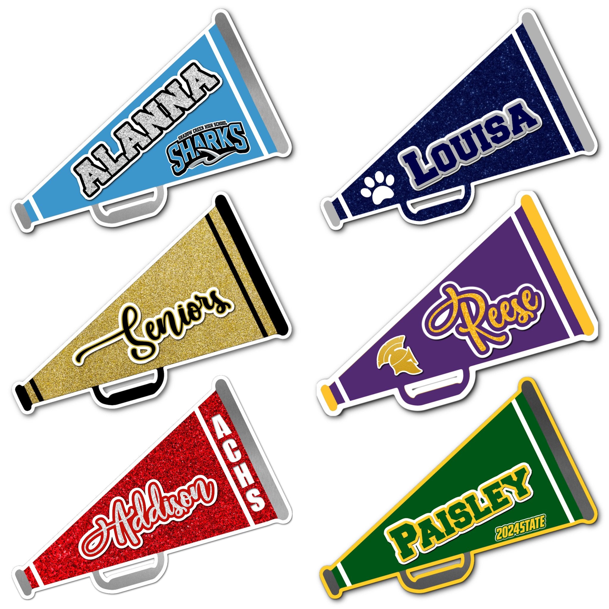 Examples of How to Customize Cheerleader Decoration with Team Name, Athlete Name, Team Colors, Year, Tournament, Mascot, and More.