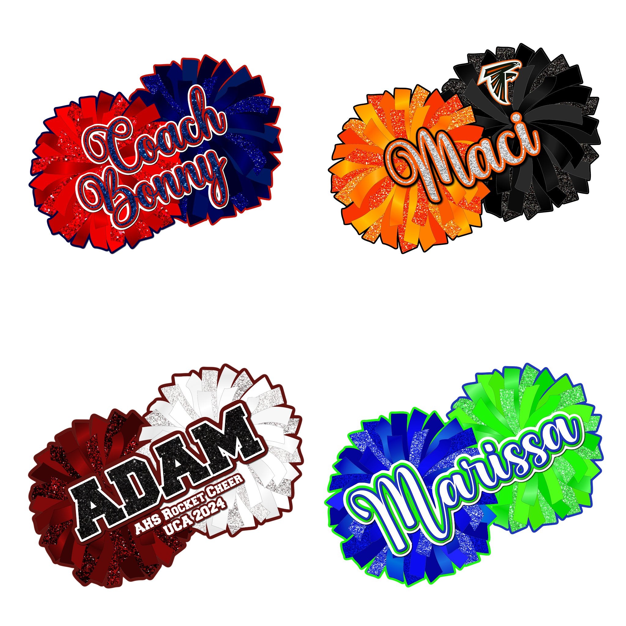 Examples of How to Customize Pom Pom Decoration with Team Name, Athlete Name, Team Colors, Year, Tournament, Mascot, and More.