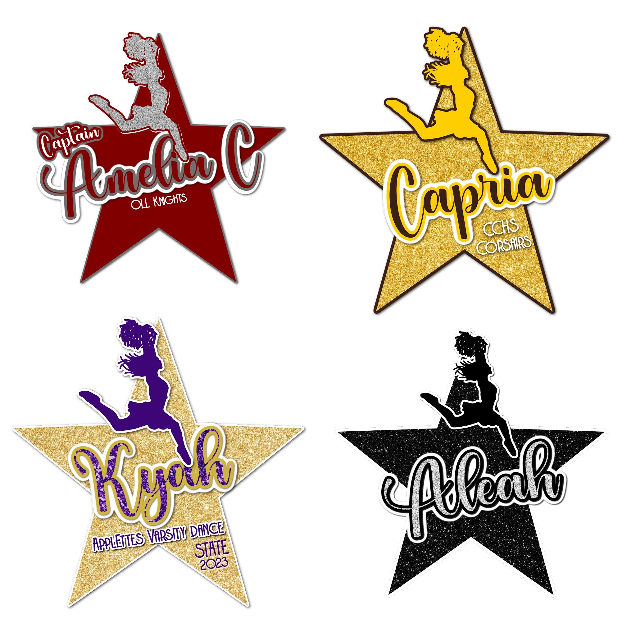 Examples of How to Customize Cheerleader Decoration with Team Name, Athlete Name, Team Colors, Year, Tournament, Mascot, and More.