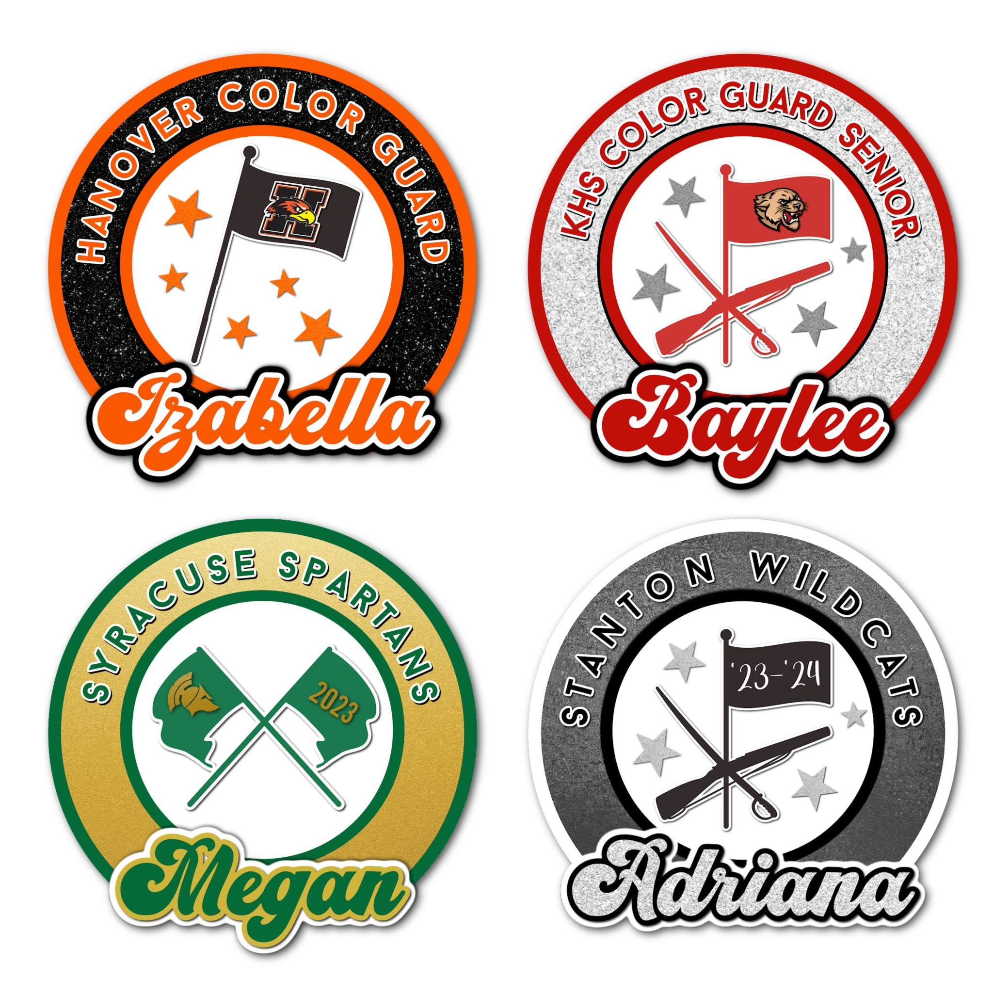 Examples of How to Customize Color Guard Member Decoration with Team Name, Athlete Name, Team Colors, Year, Tournament, Mascot, and More.