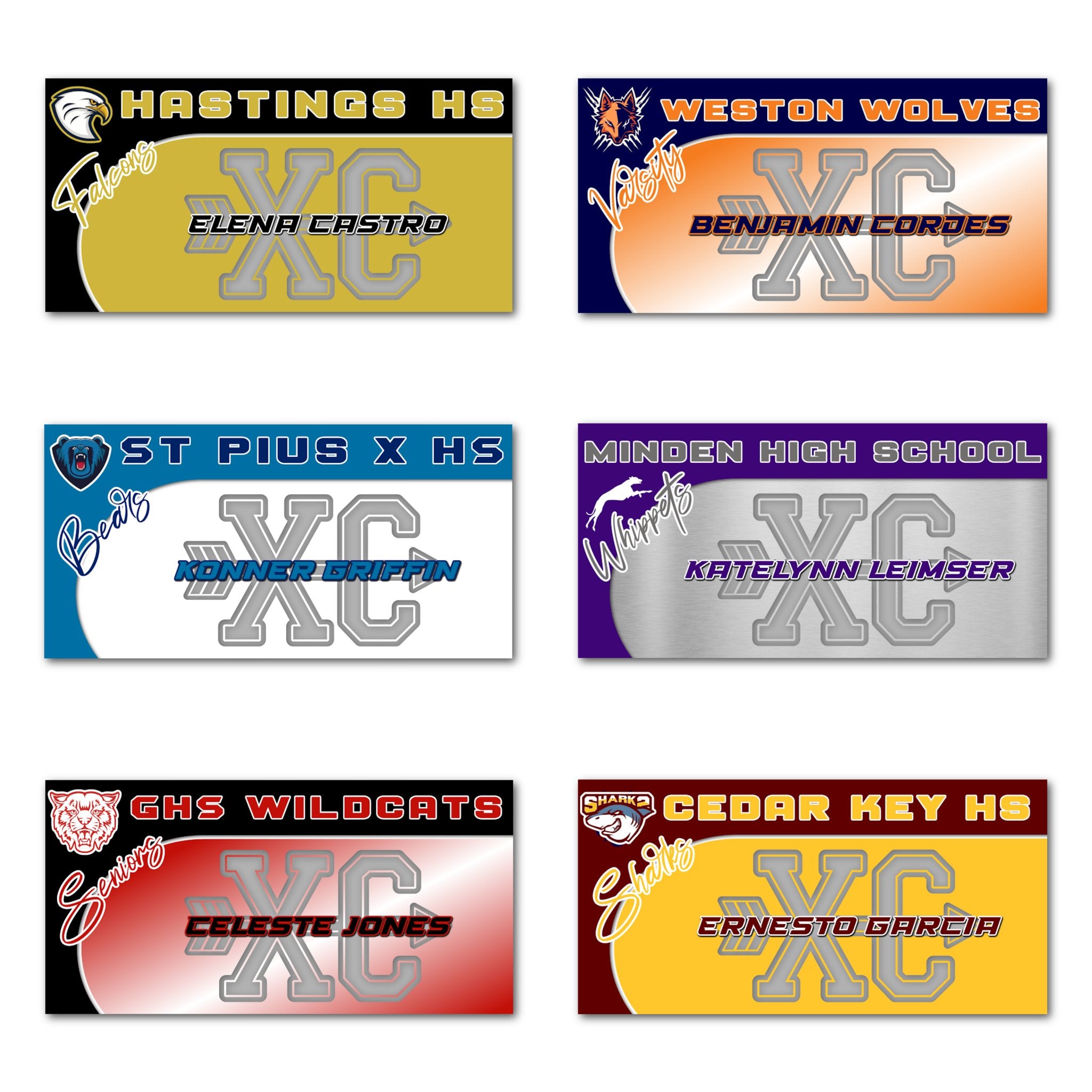 Examples of How to Customize Cross Country Runners Decoration with Team Name, Athlete Name, Team Colors, Year, Tournament, Mascot, and More.