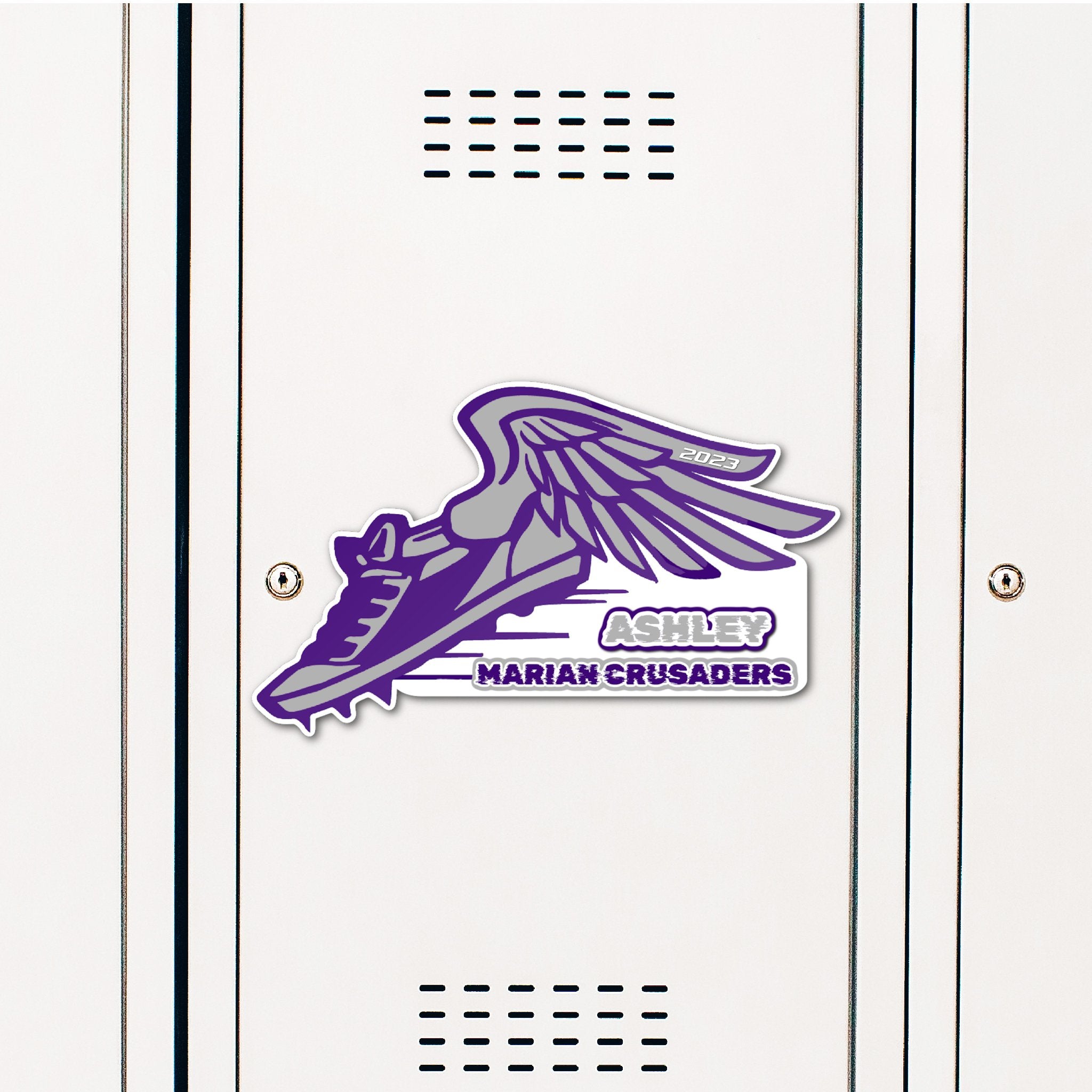 Custom Track or Cross Country Winged Shoe Locker Magnet Decoration in Team or School Colors.