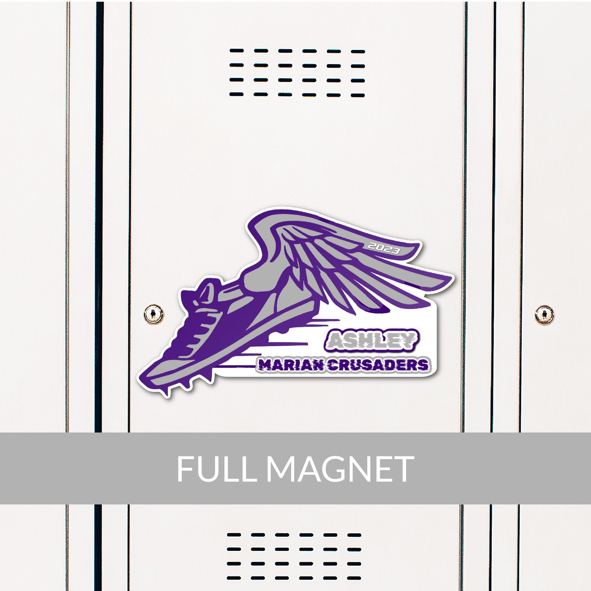 Custom Track or Cross Country Winged Shoe Locker Magnet Decoration in Team or School Colors.