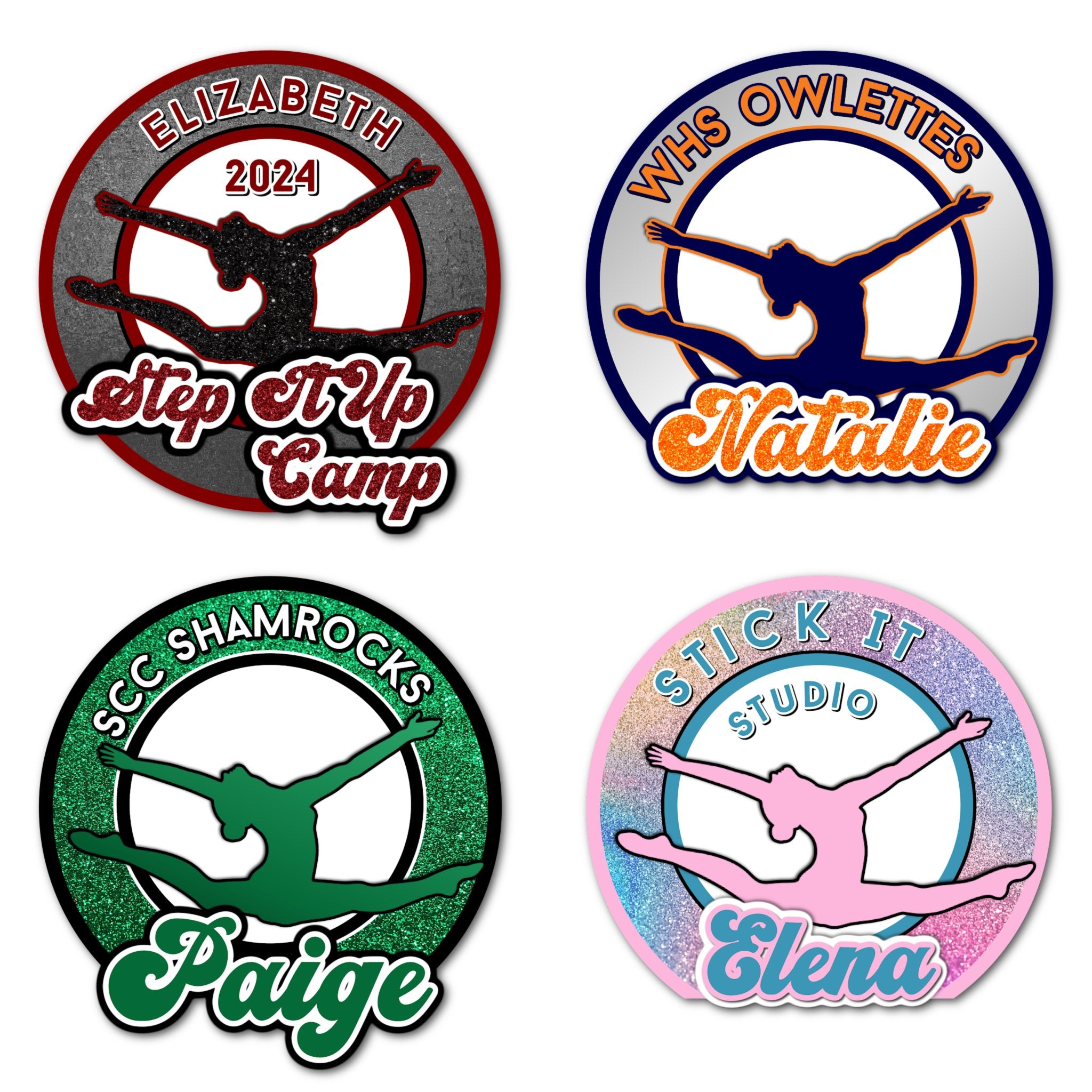 Examples of How to Customize Dancer Decoration with Team Name, Athlete Name, Team Colors, Year, Tournament, Mascot, and More.