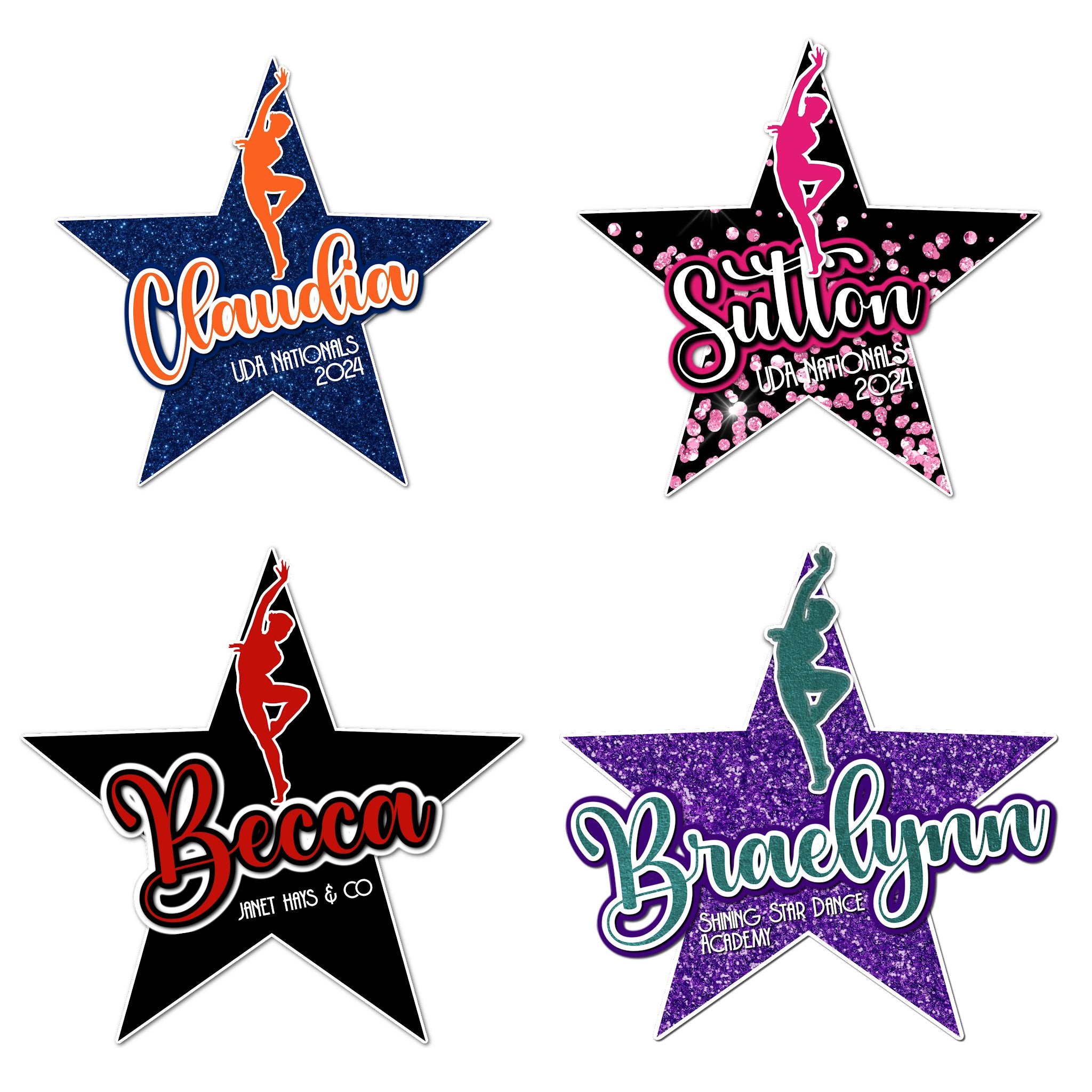 Examples of How to Customize Dancer Decoration with Team Name, Athlete Name, Team Colors, Year, Tournament, Mascot, and More.