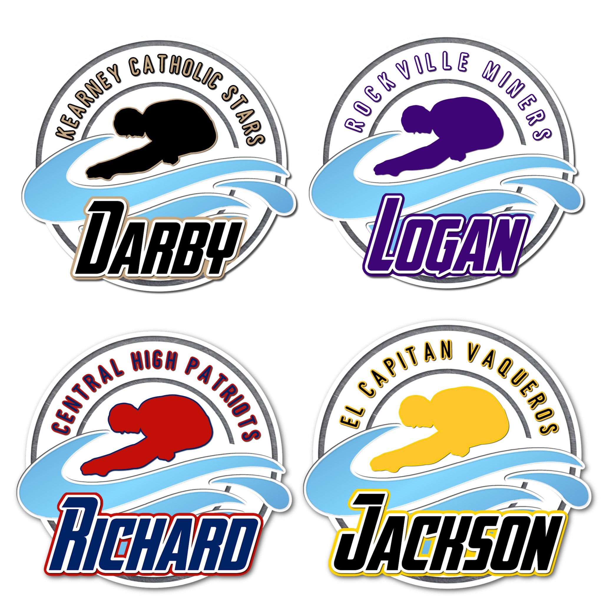 Examples of How to Customize Men's Dive Decoration with Team Name, Athlete Name, Team Colors, Year, Tournament, Mascot, and More.