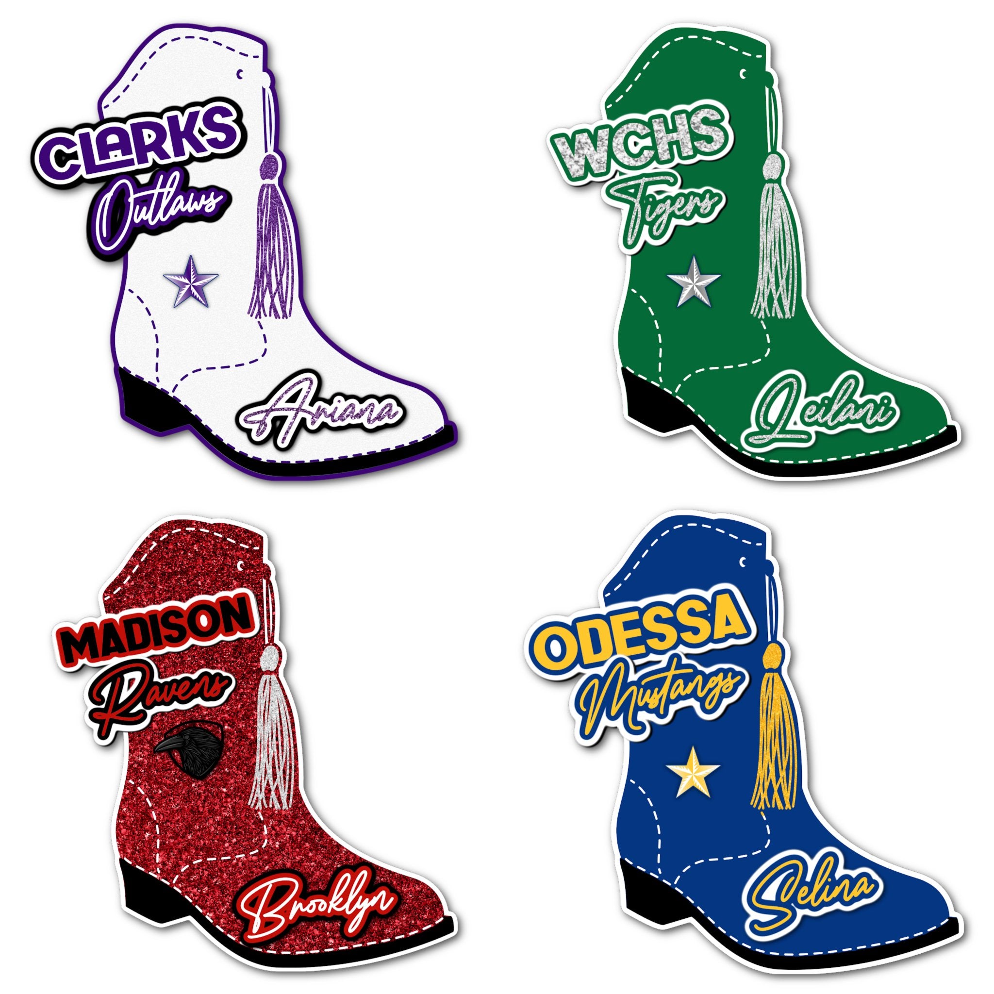 Examples of How to Customize Drill Team Member Decoration with Team Name, Athlete Name, Team Colors, Year, Tournament, Mascot, and More.